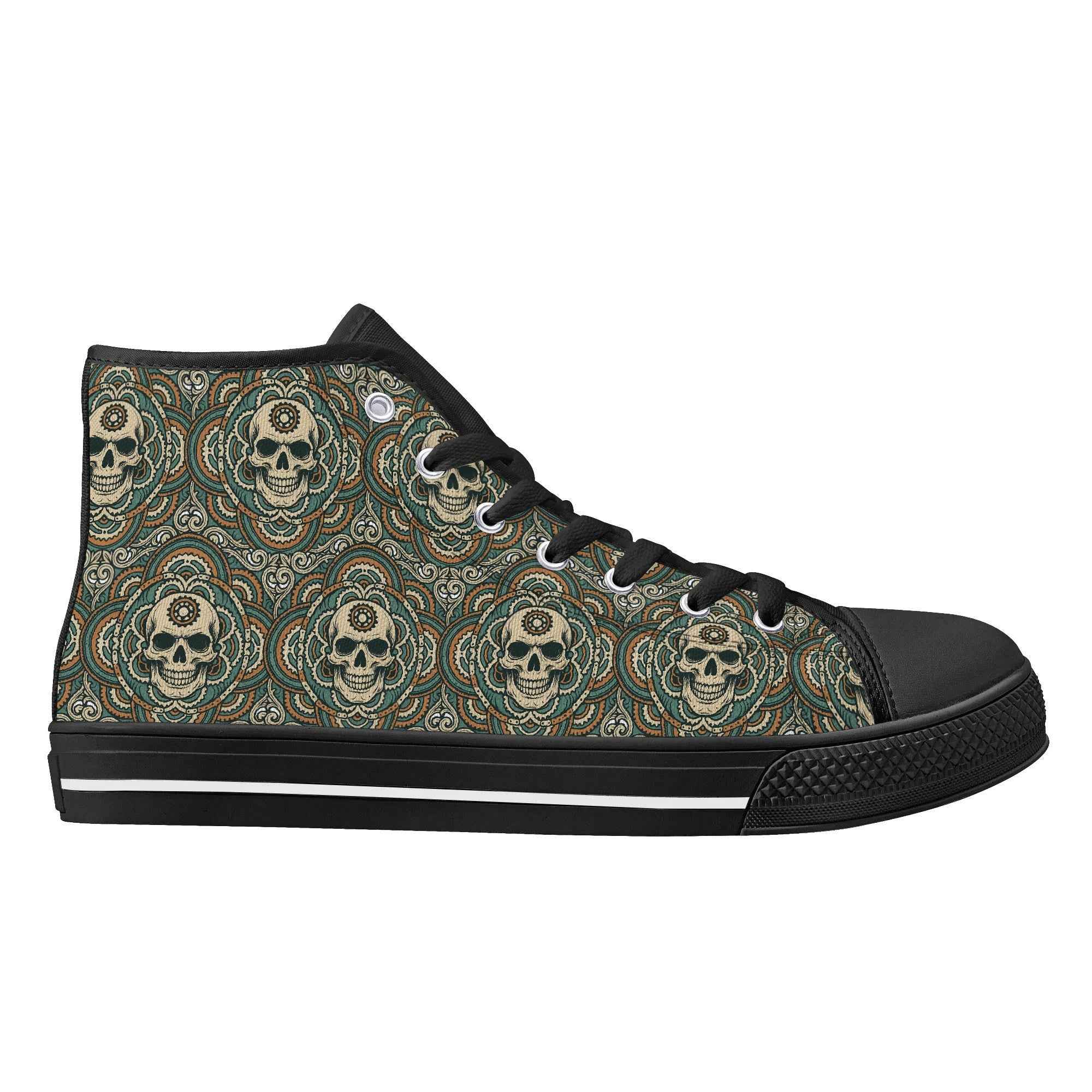 Full side profile of Womens Skull Mandala Canvas Shoes highlighting custom printed skull mandala design and chunky sole for urban fashion.