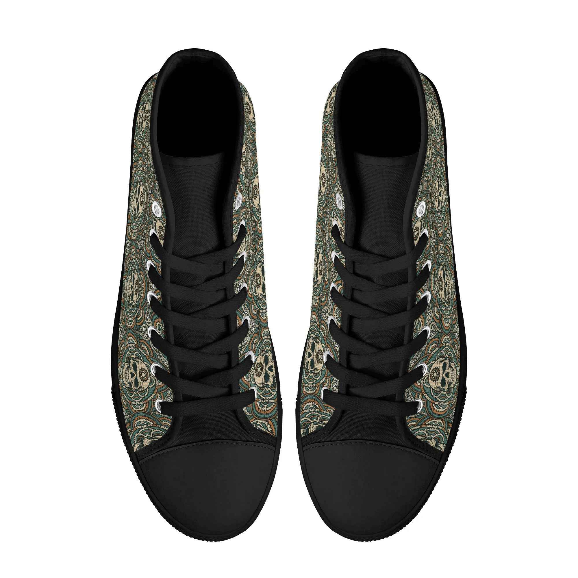 Top view of Womens Skull Mandala Canvas Shoes showing black laces and symmetrical skull mandala pattern for a bold, alternative look.
