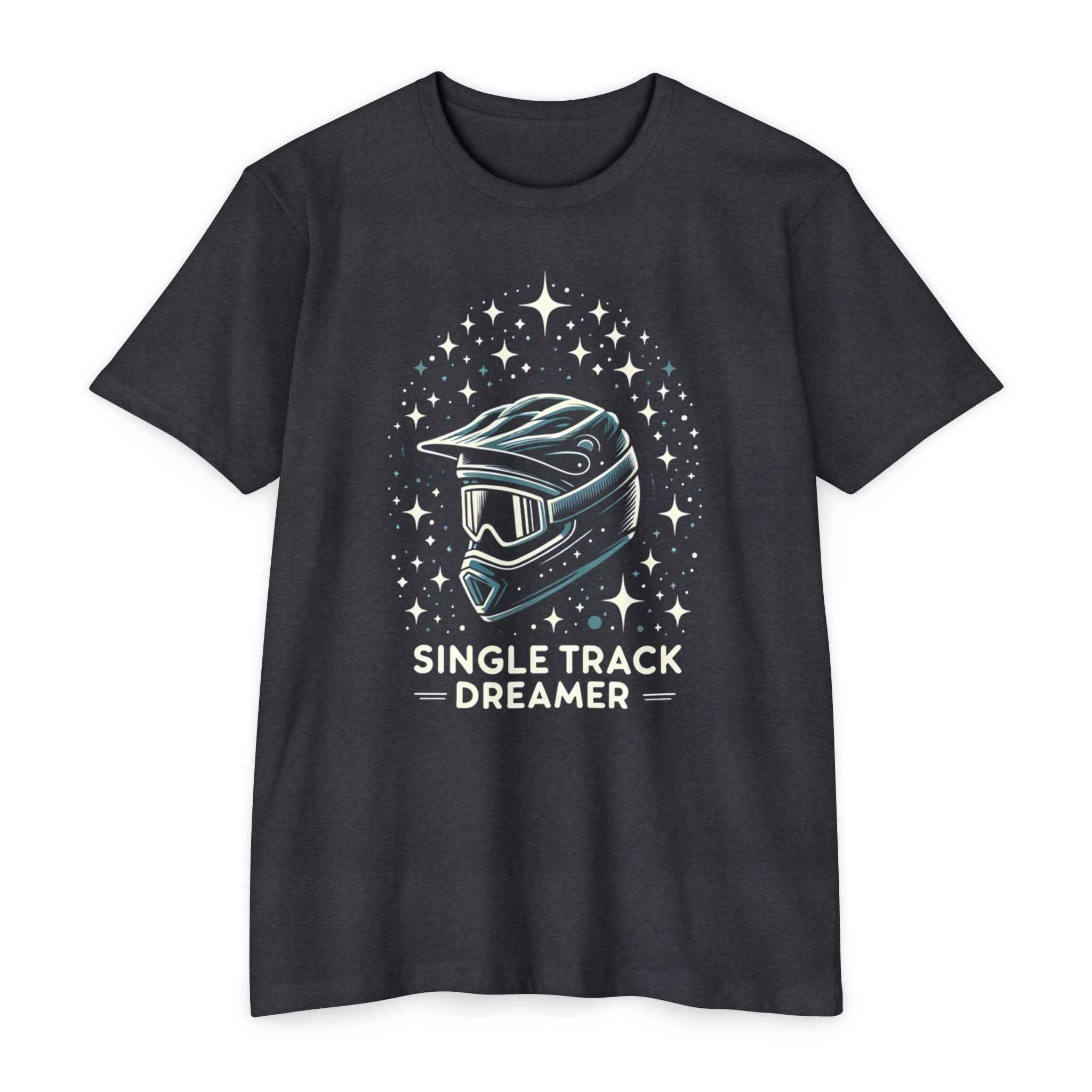 Black t-shirt with a helmet graphic and 'Single Track Dreamer' text on a white background
