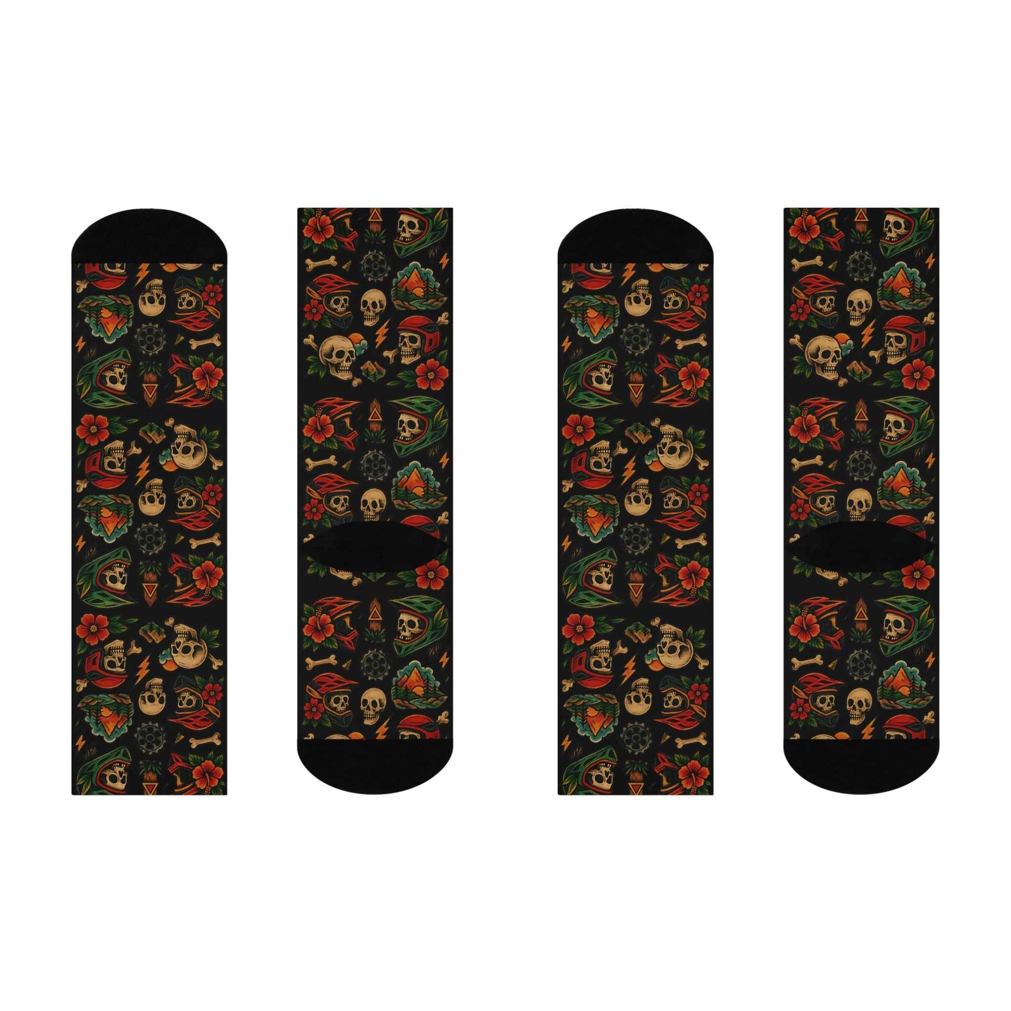 Flat lay of Vintage Skull Cushioned Crew Socks showing full all-over print design. Perfect for casual outfits and MTB lifestyle accessories.
