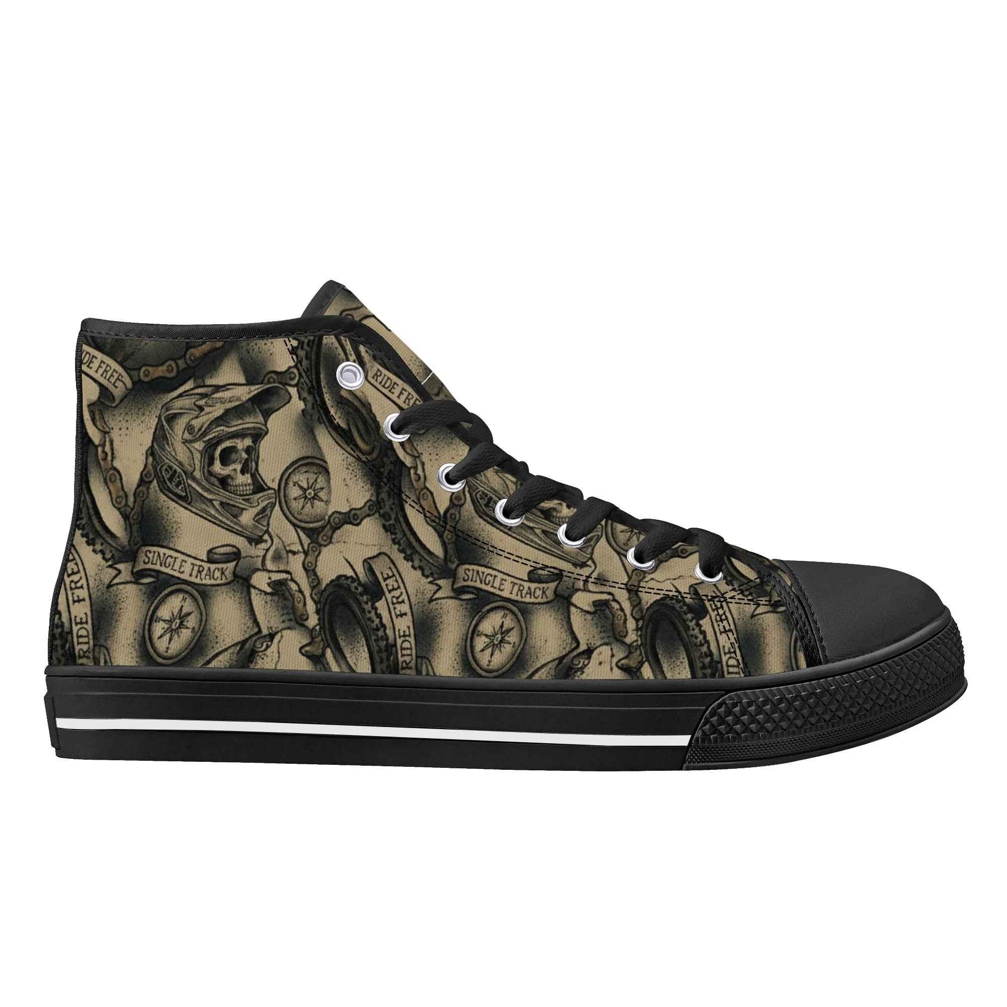 Right inside view of Men's Skull Camo High Tops showing detailed punk bike graphics and rugged sole for trail and urban use.