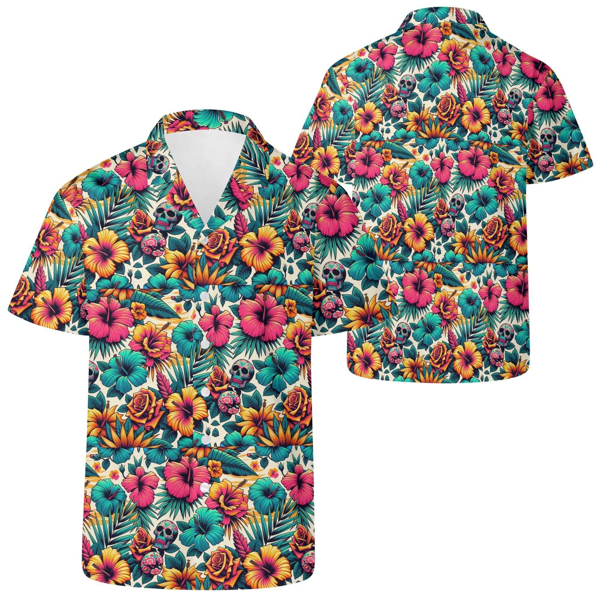 Mens Casual Hawaiian Shirt with vibrant floral and skull print, short sleeves, and relaxed fit. Ideal for summer style and versatile wear.