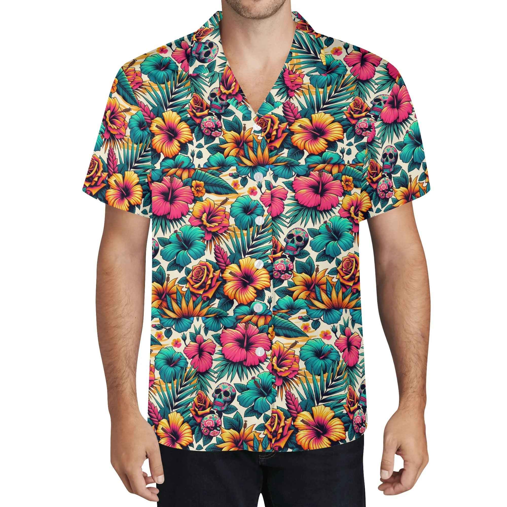 Front view of Mens Casual Hawaiian Shirt featuring colorful hibiscus flowers and skulls, perfect for beach outings or casual summer events.