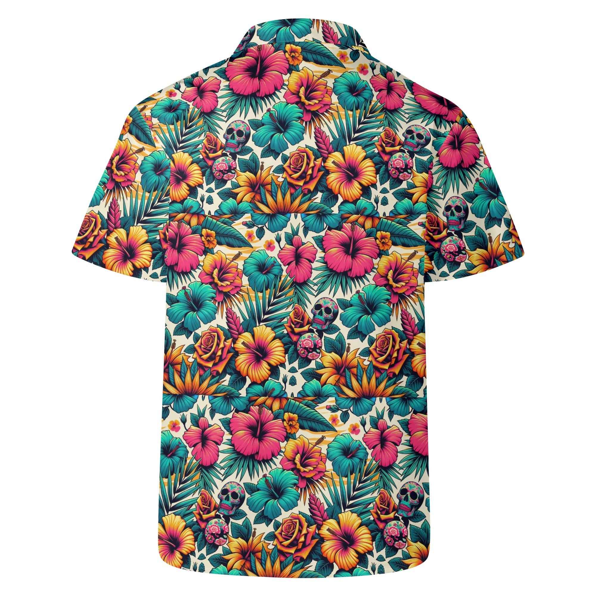 Flat back display of Mens Casual Hawaiian Shirt, emphasizing the symmetrical tropical print and durable polyester fabric.