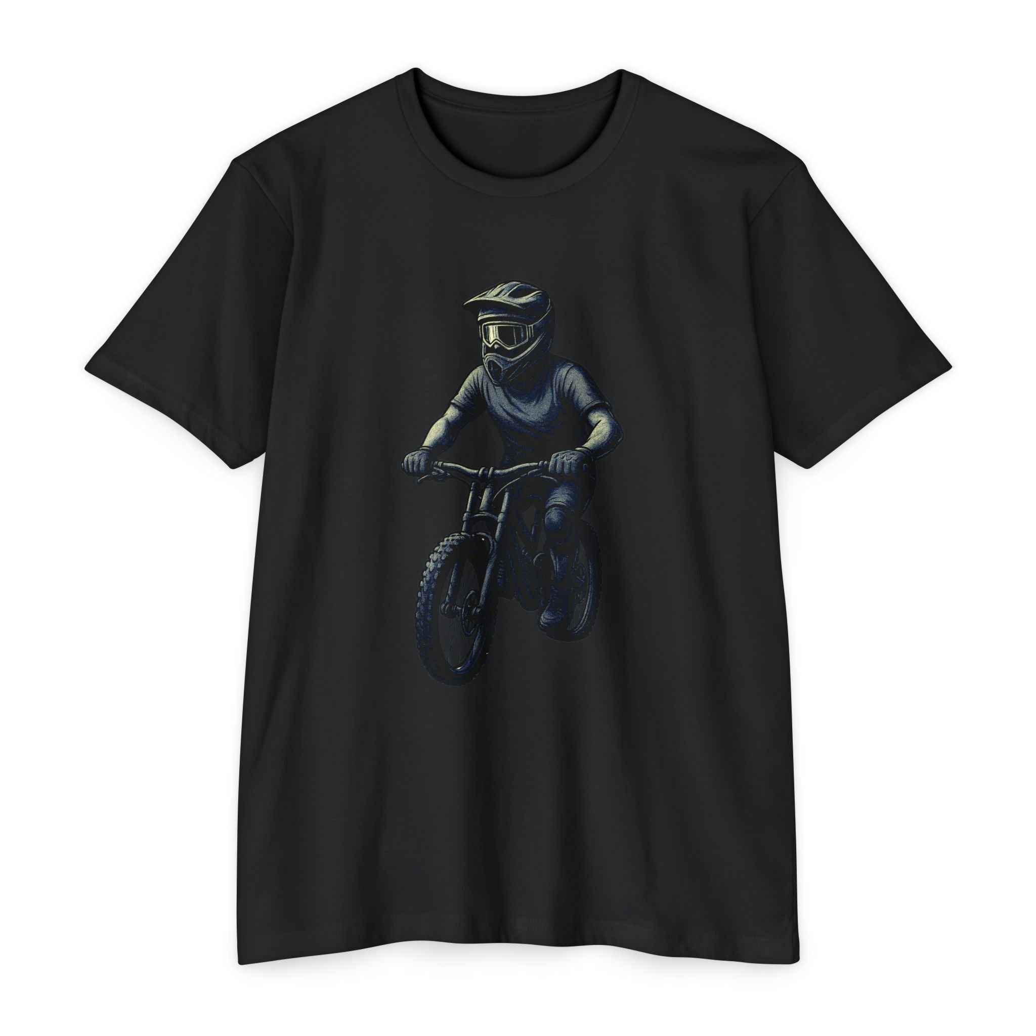 The Downhill Spirit - Vintage MTB Rider Tee in black with a striking downhill biker print. Classic fit for mountain biking lifestyle apparel.