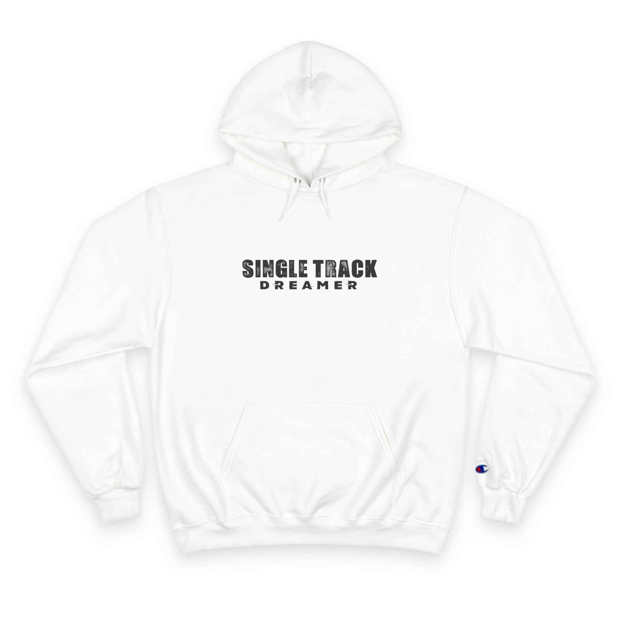 White Champion Eco Hoodie with 'Single Track Dreamer' text on front, ideal for trail riders seeking eco-friendly MTB streetwear.