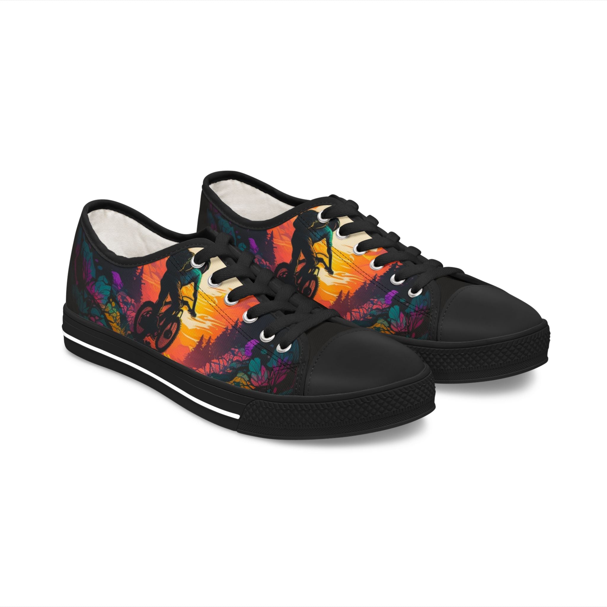 Black-soled Women’s MTB Sunset Sneakers featuring colorful sunset and cyclist design, ideal for women’s biking lifestyle and casual wear.
