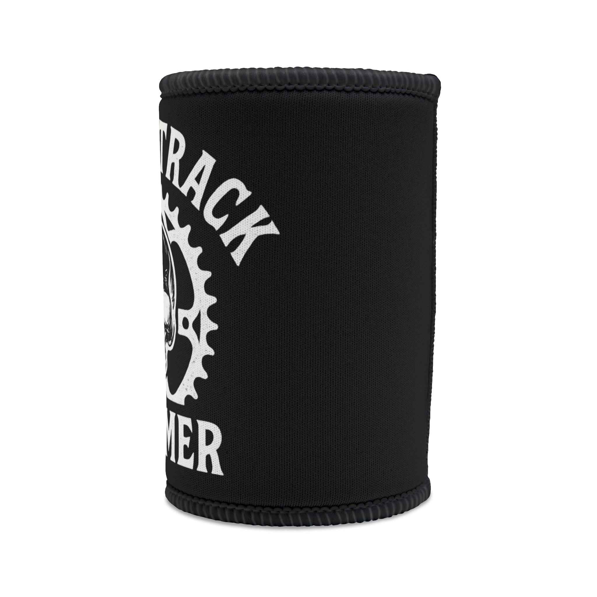 Skull Design Stubby Cooler - Single Track Dreamer featuring bold white biker skull graphic and gear motif, ideal for MTB and cycling enthusiasts.