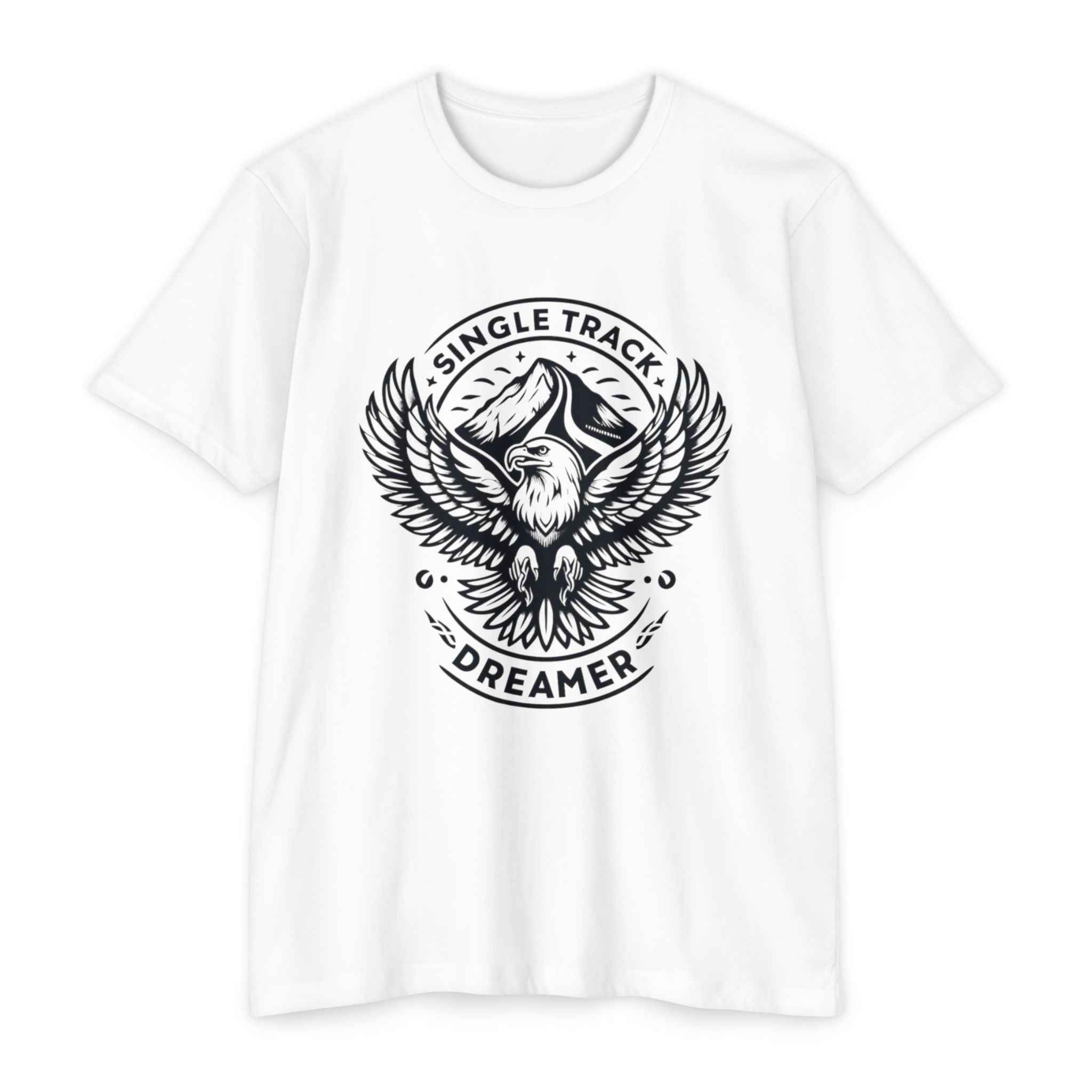 White Mountain Bike T-Shirt for riders with black 'Single Track Dreamer' eagle design. Stylish DTG printed tee for trail enthusiasts.