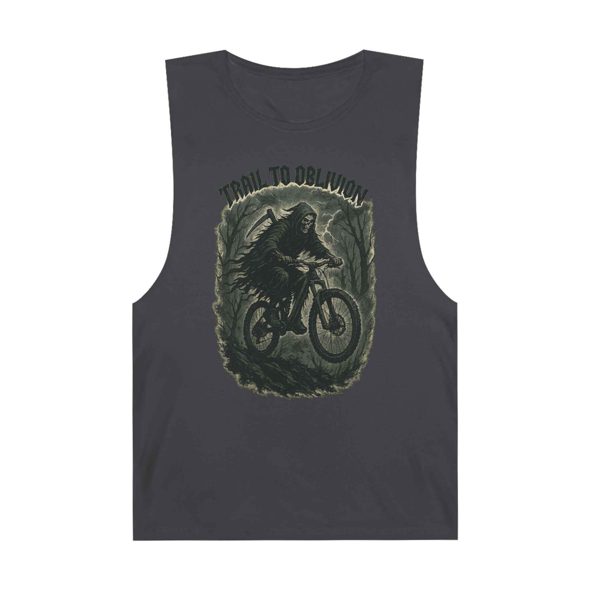 Trail to Oblivion men's tank top featuring a grim reaper riding a mountain bike graphic, ideal for edgy workout or casual summer wear.