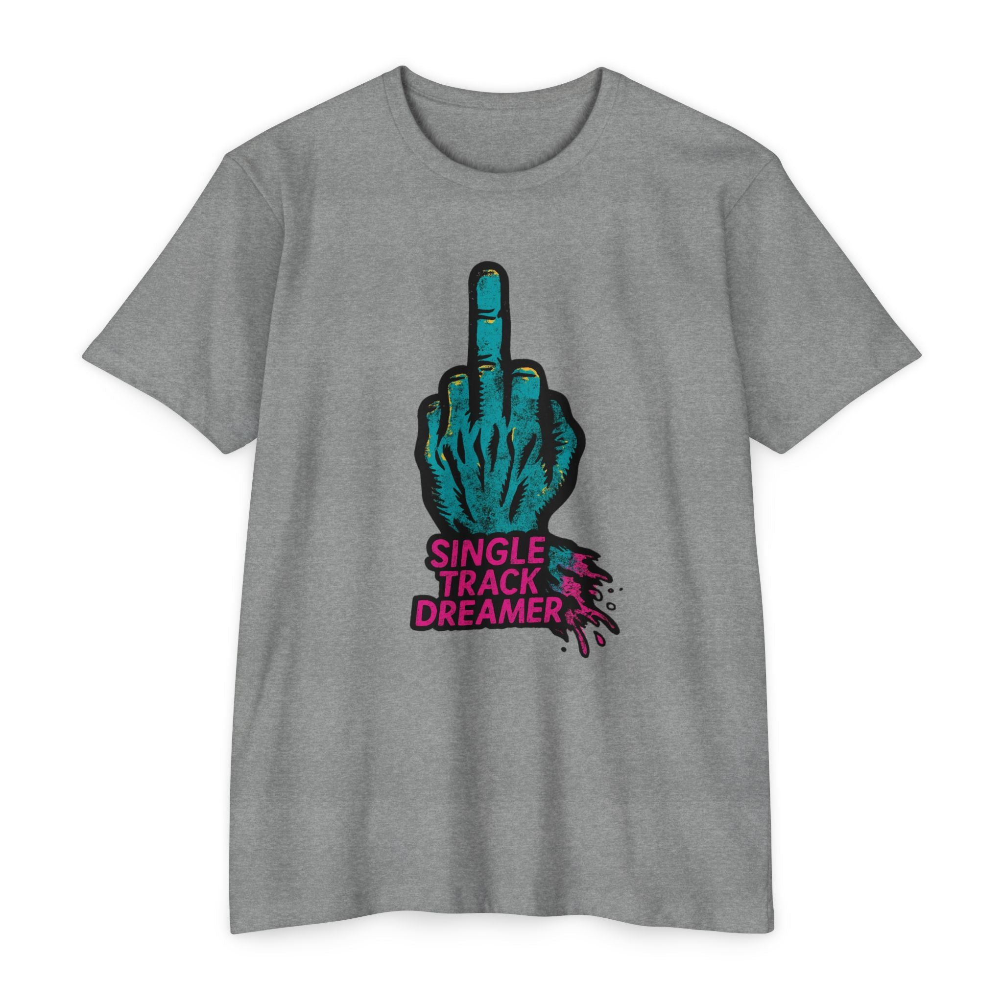 Gray t-shirt with a graphic of a hand making an 'L' shape and text 'Single Track Dreamer' on a white background