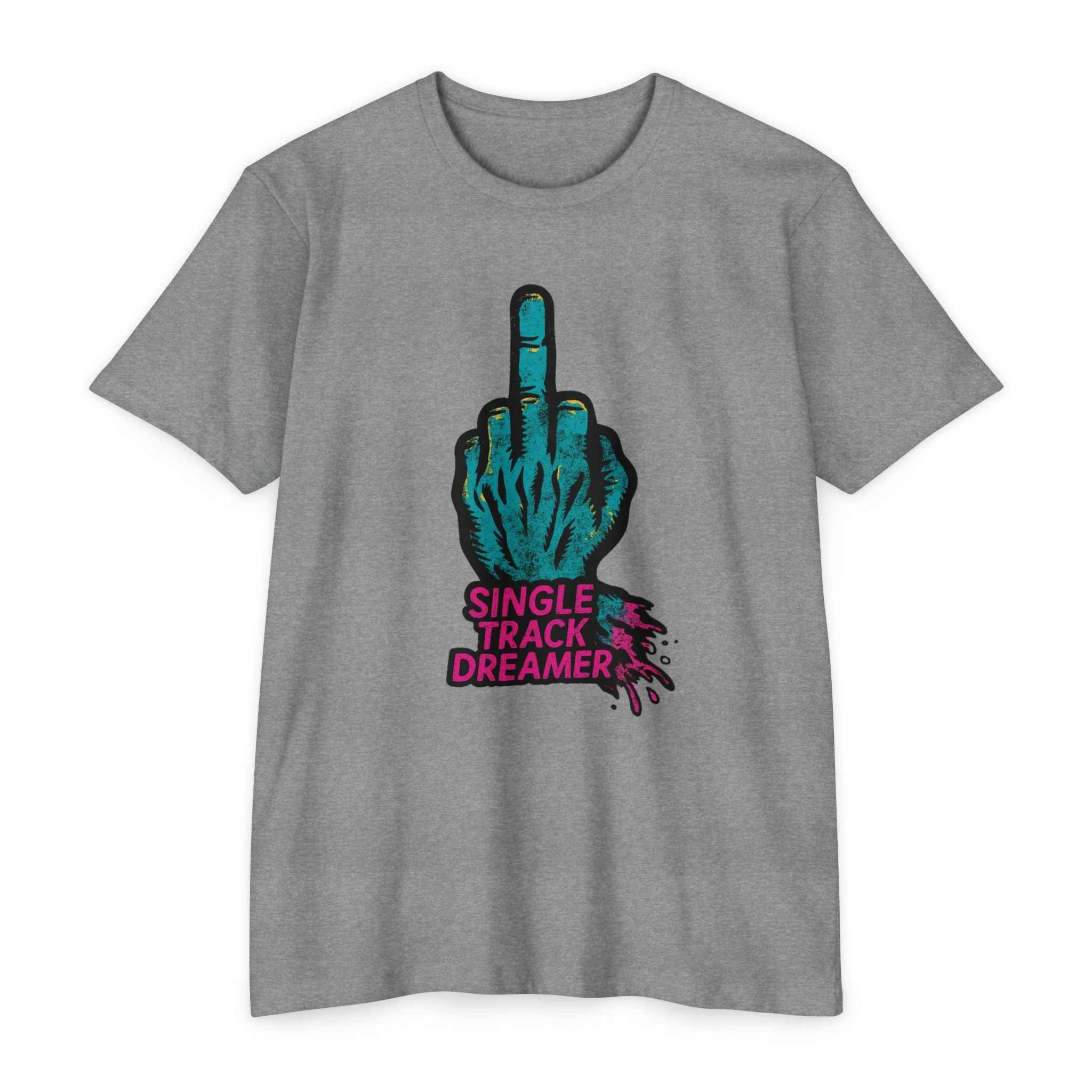 Gray t-shirt with a graphic of a hand making an 'L' shape and text 'Single Track Dreamer' on a white background