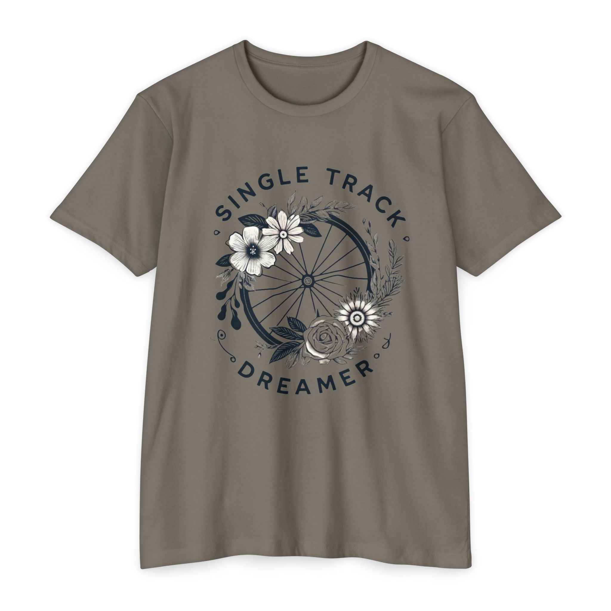 Women's MTB Tee in taupe featuring floral bike wheel design and 'Single Track Dreamer' slogan. Stylish and soft for mountain biking adventures.