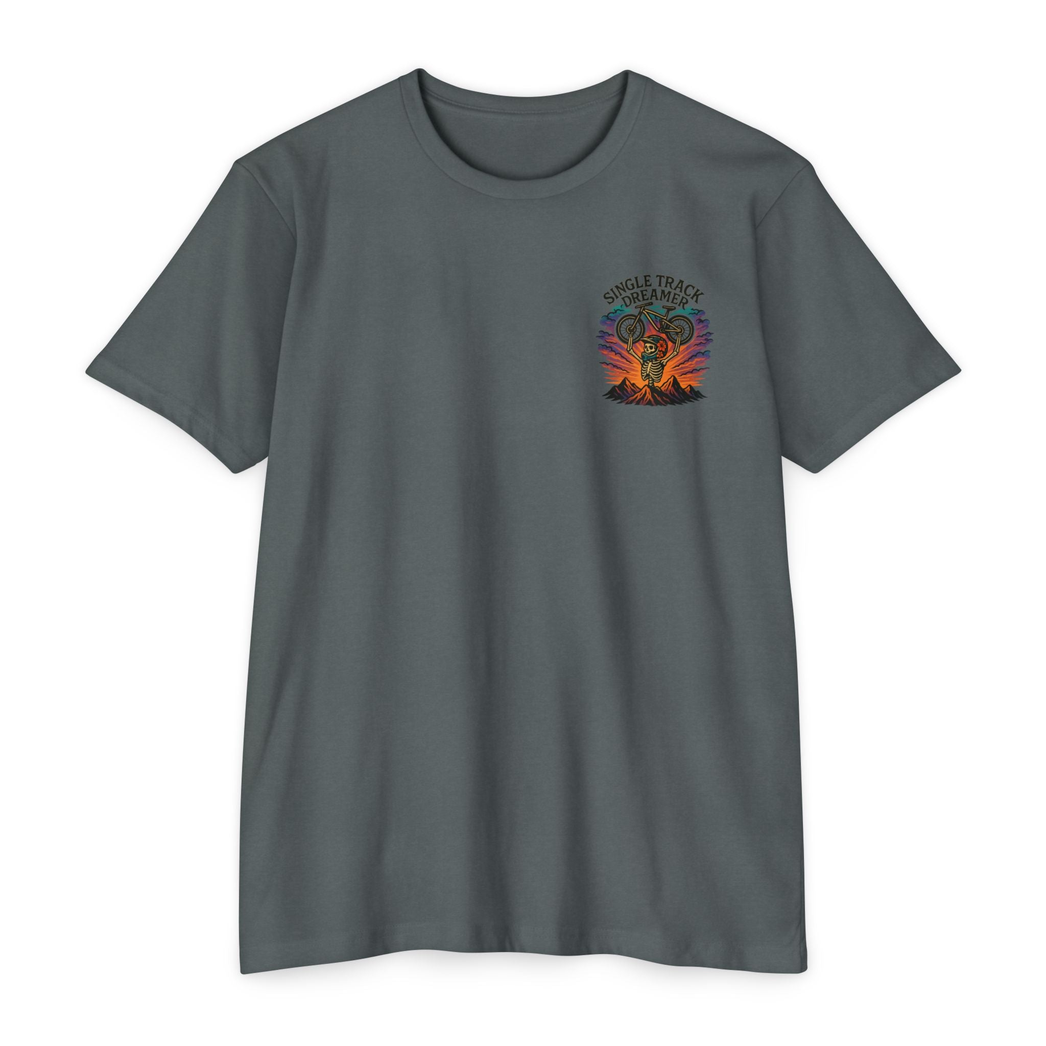 Gray t-shirt with a colorful graphic on a white background