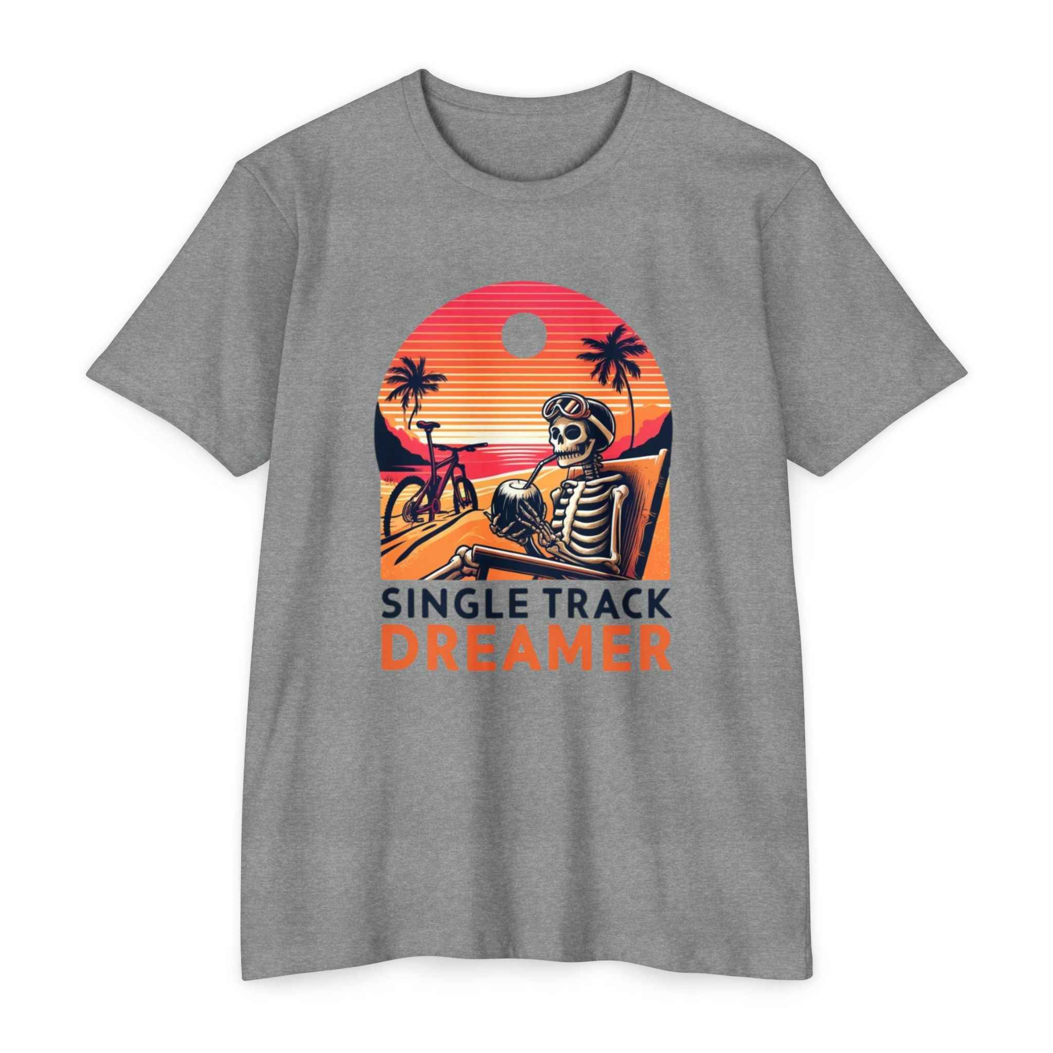 Heather gray Men's Sunset Rider Bicycle T-Shirt with colorful sunset skeleton biker graphic and adventure-themed 'Single Track Dreamer' slogan.