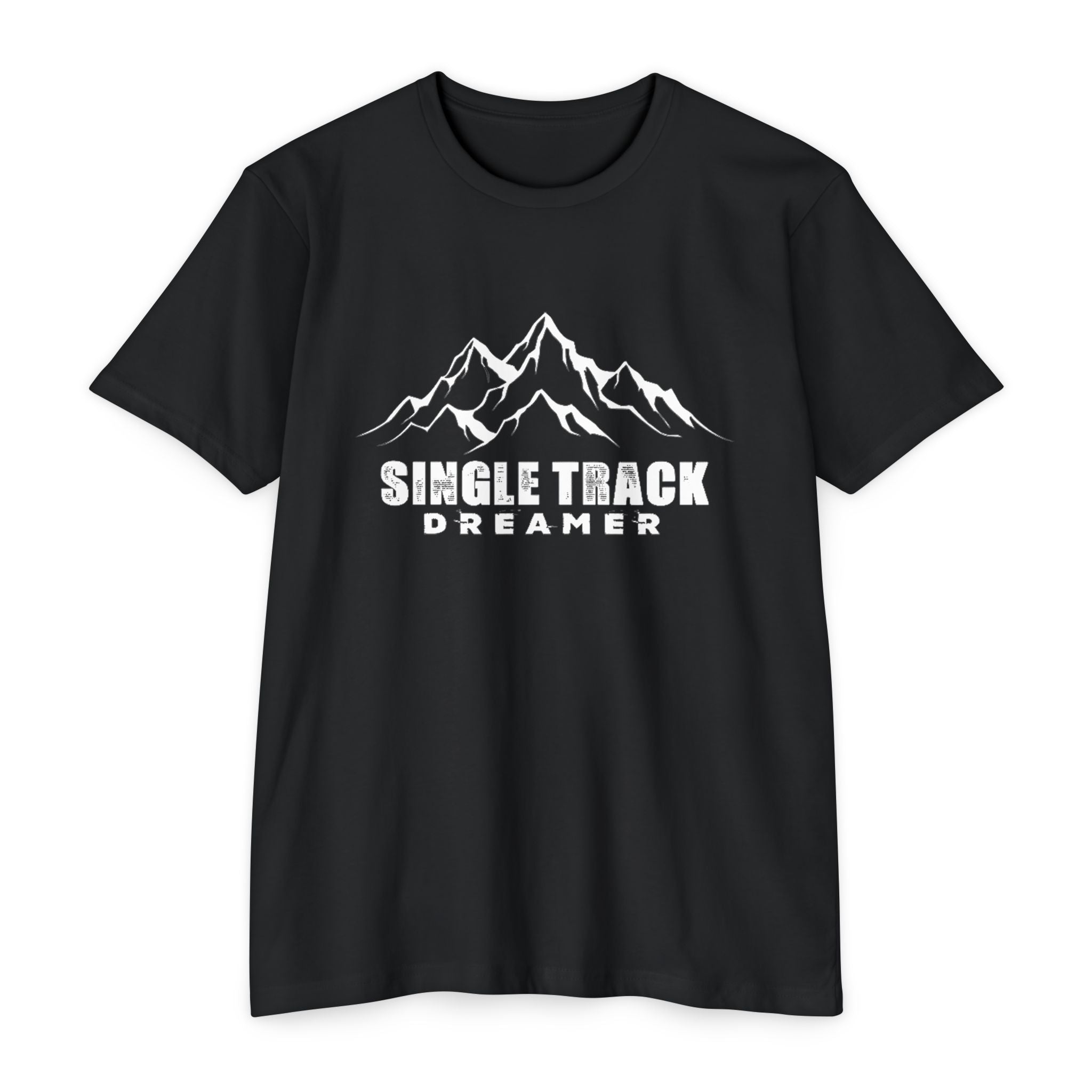 Black t-shirt with white mountain graphic and 'Single Track Dreamer' text on a white background