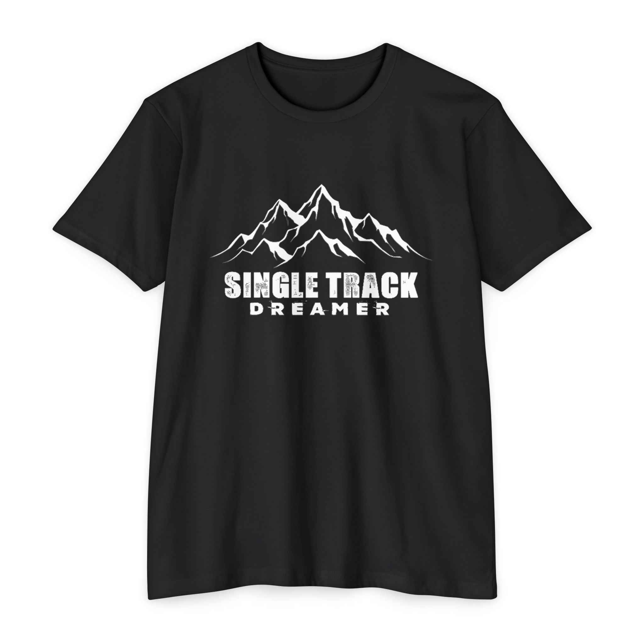 Black Men's Mountain Adventure T-Shirt showcasing white mountain peaks and Single Track Dreamer branding, great for nature lovers.