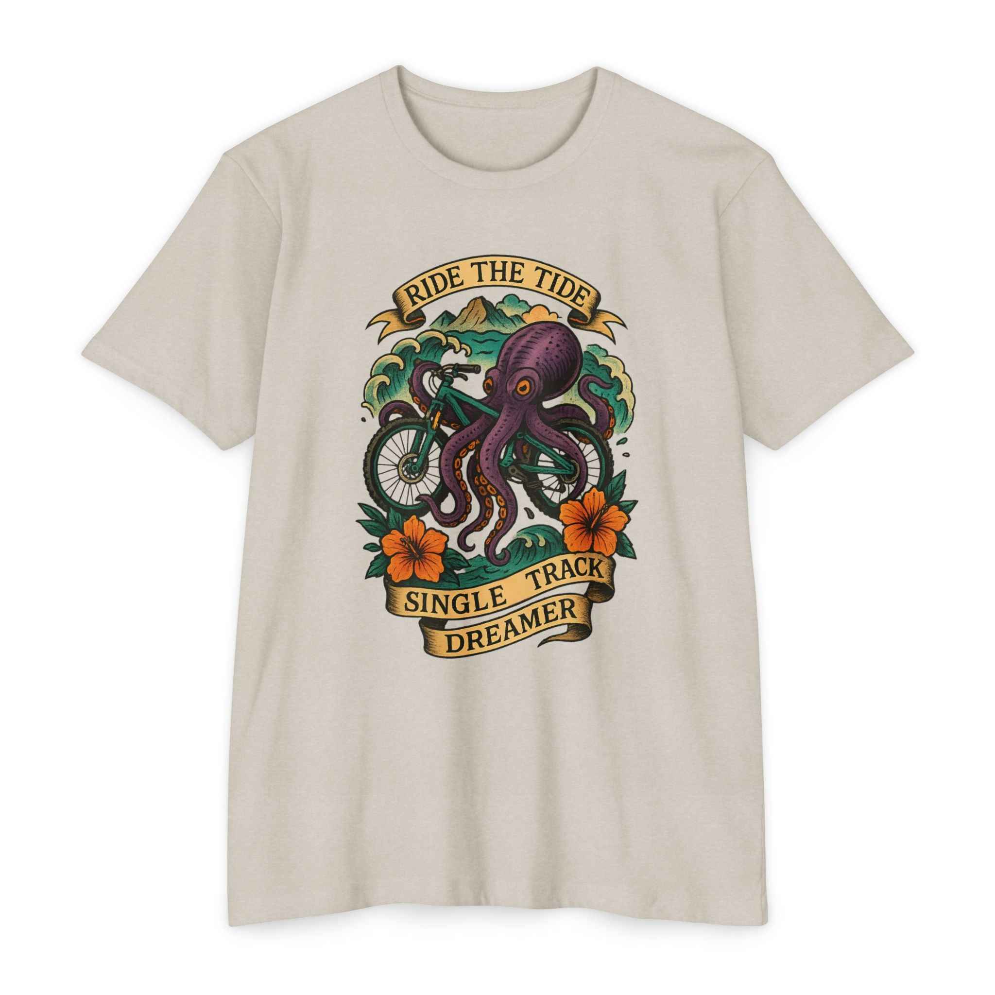 Beige t-shirt with an octopus graphic and text on a white background
