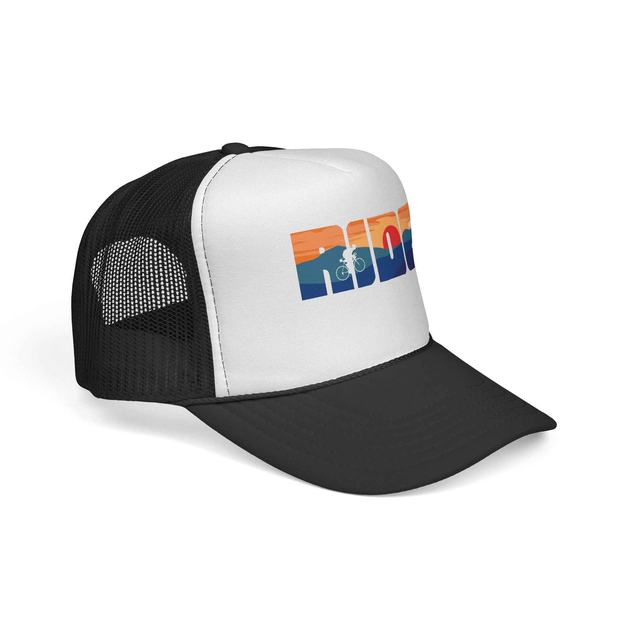 MTB “RIDE” Sunset Trucker Cap featuring a retro mountain bike logo with a sunset landscape design on a white front panel and black mesh back.