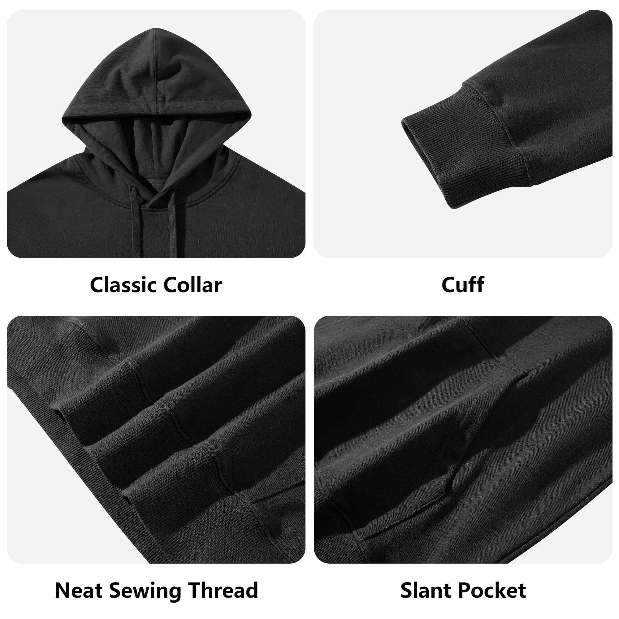 Close-up of black hoodie details including collar, cuff, stitching, and pocket. Durable and stylish for everyday wear.