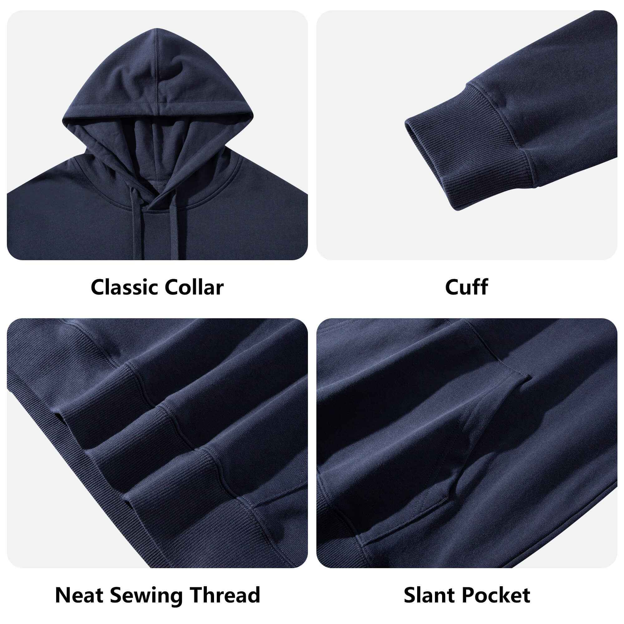 Close-up of navy hoodie details including collar, cuff, stitching, and pocket. High-quality construction for lasting comfort.