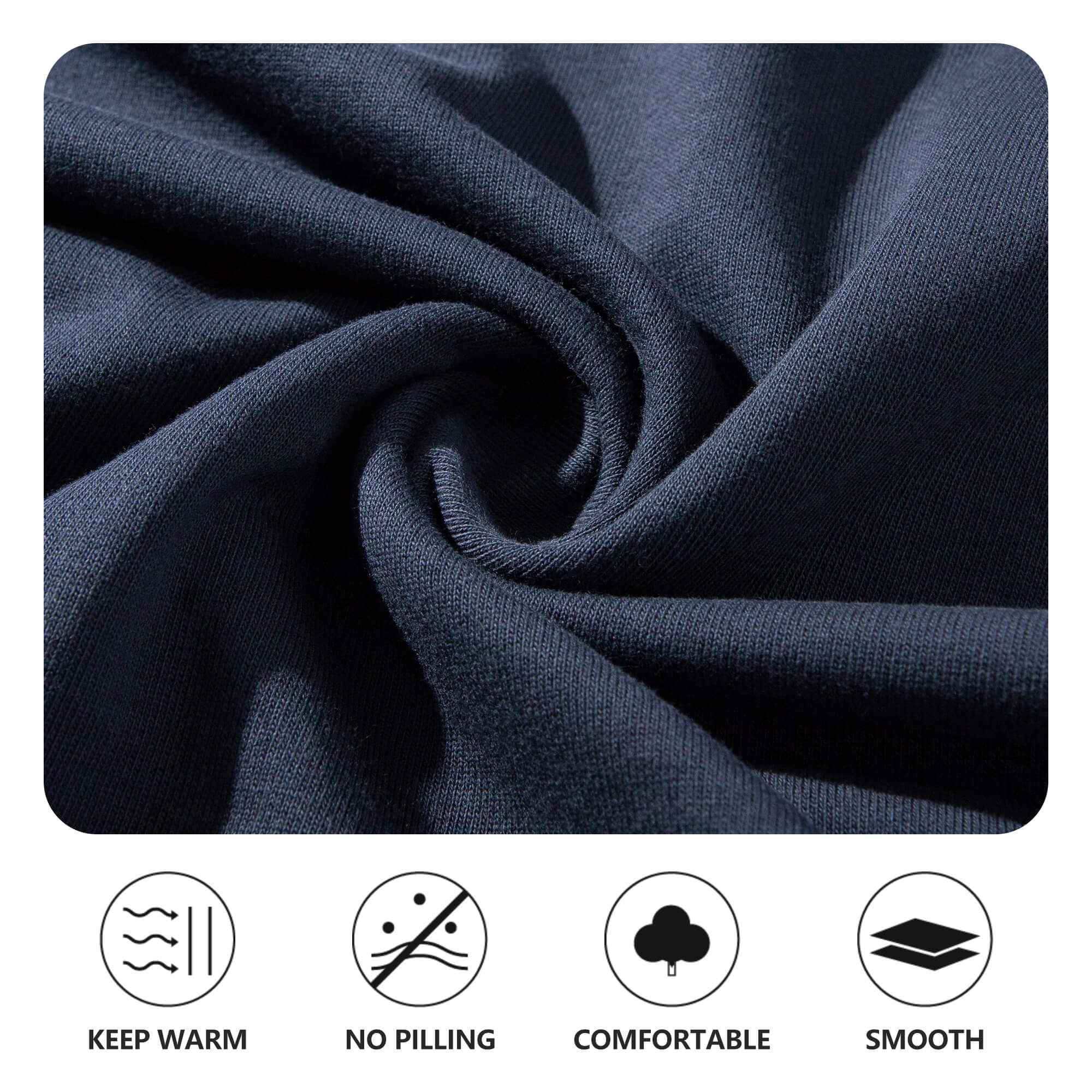 Soft navy fabric texture of mens cotton hoodie stars pullover. Features include warmth, no pilling, and smooth comfort.