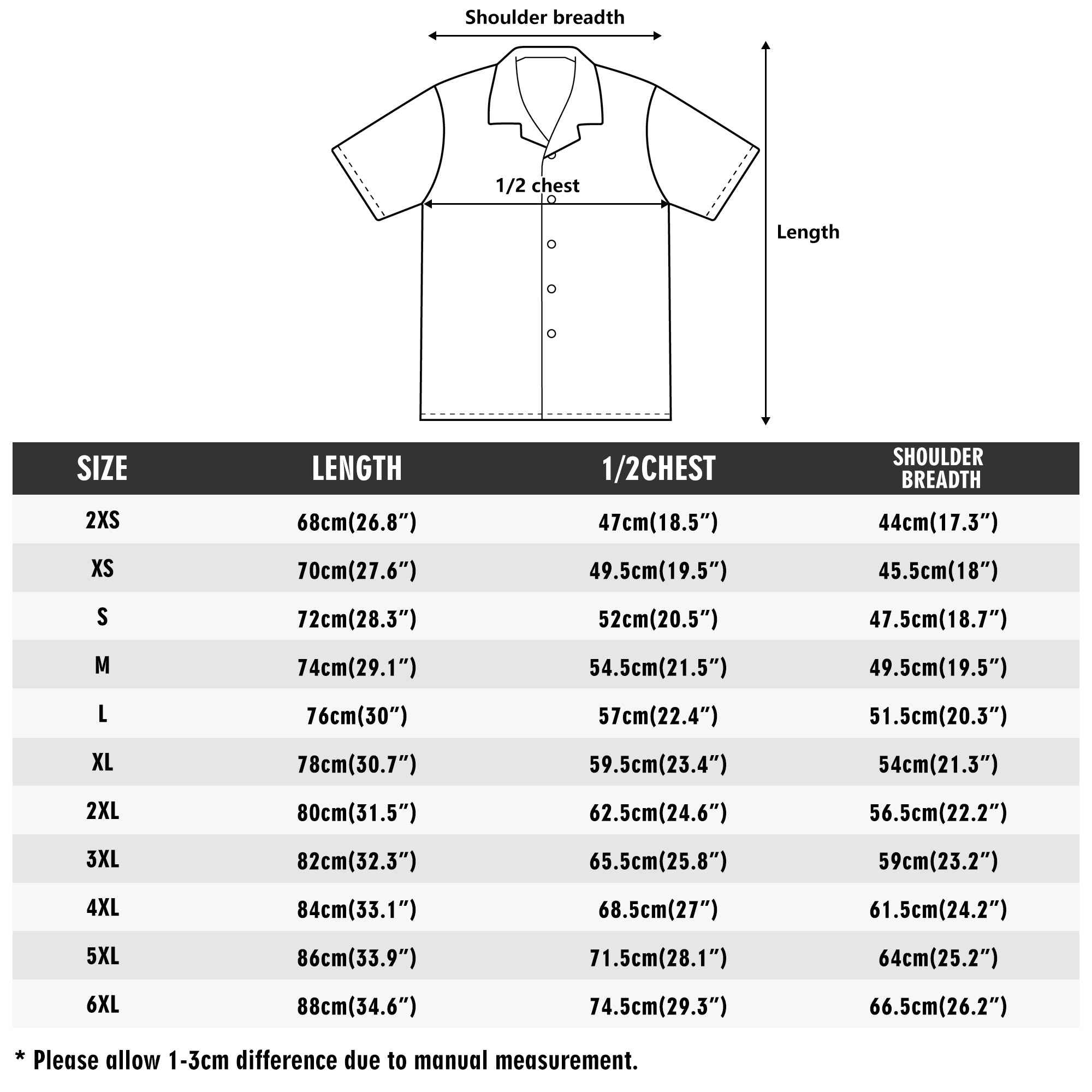 Size chart for Mens Casual Hawaiian Shirt with measurements for chest, length, and shoulder breadth from 2XS to 6XL for accurate fit.