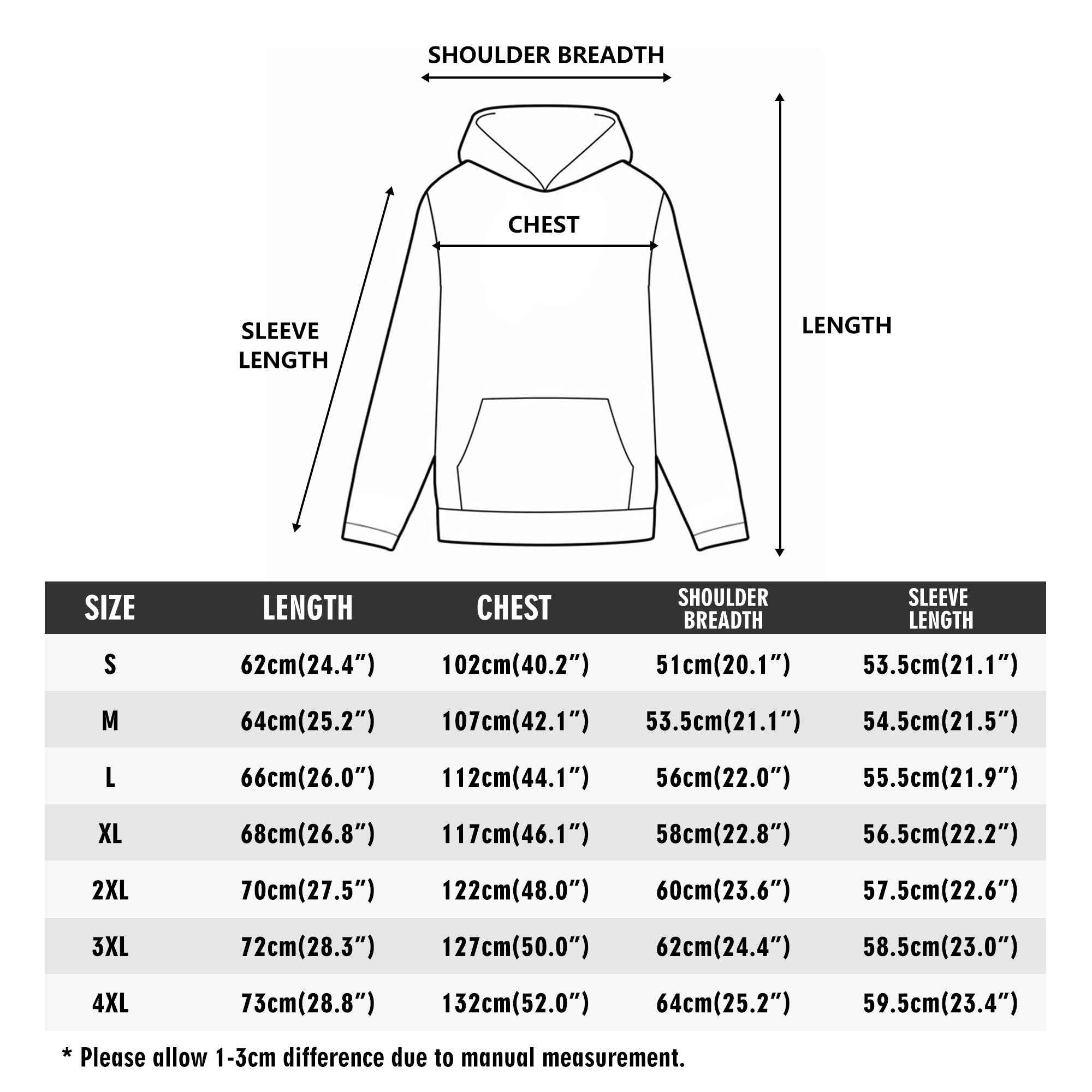 Size chart for Tattoo Girl Men's Hoodie - Cotton Pullover showing measurements for sizes S to 4XL, including chest, length, and sleeve dimensions.