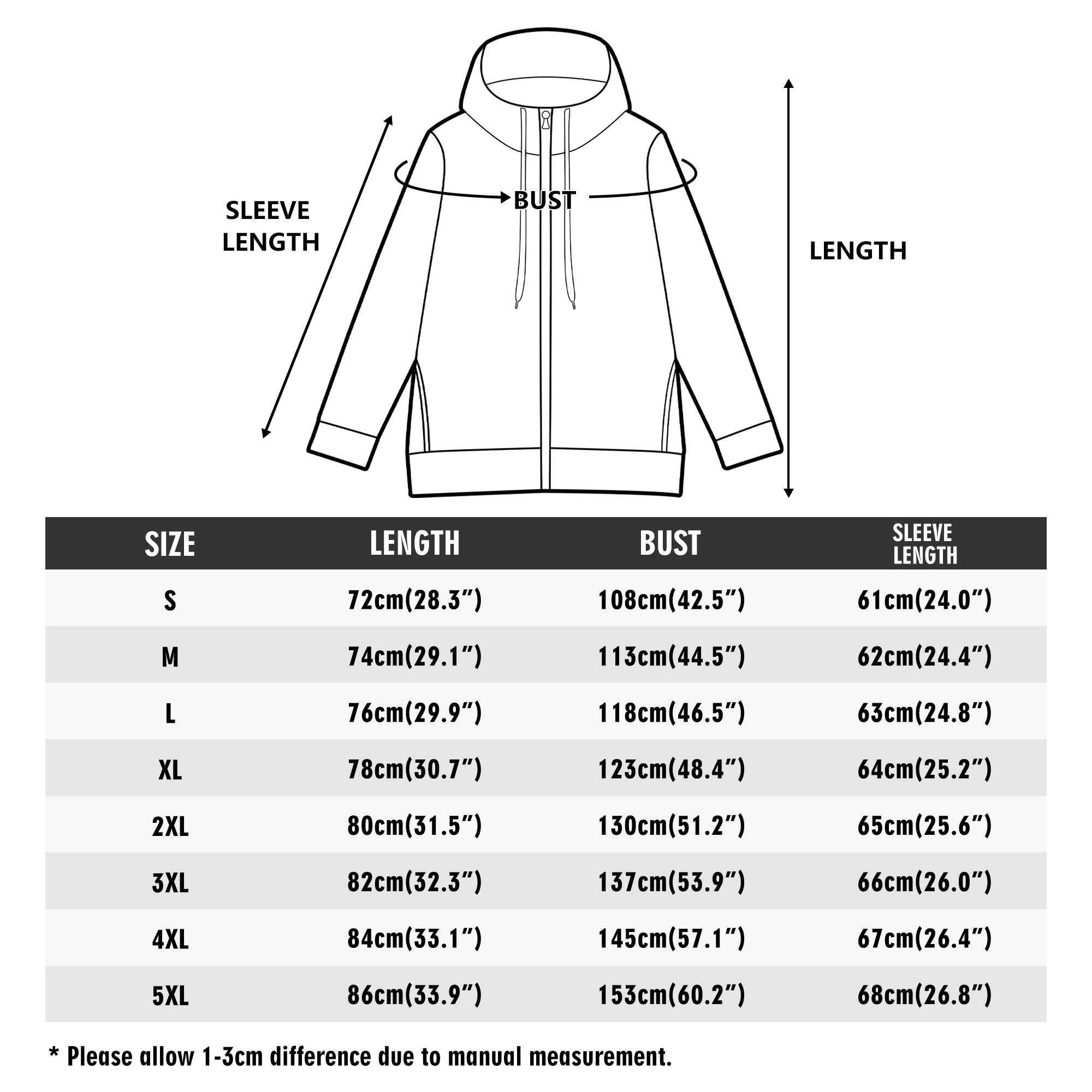 Size chart for Men's Streetwear Hoodie - Heart & Mountains, listing measurements for sizes S to 5XL in cm and inches for accurate fit selection.
