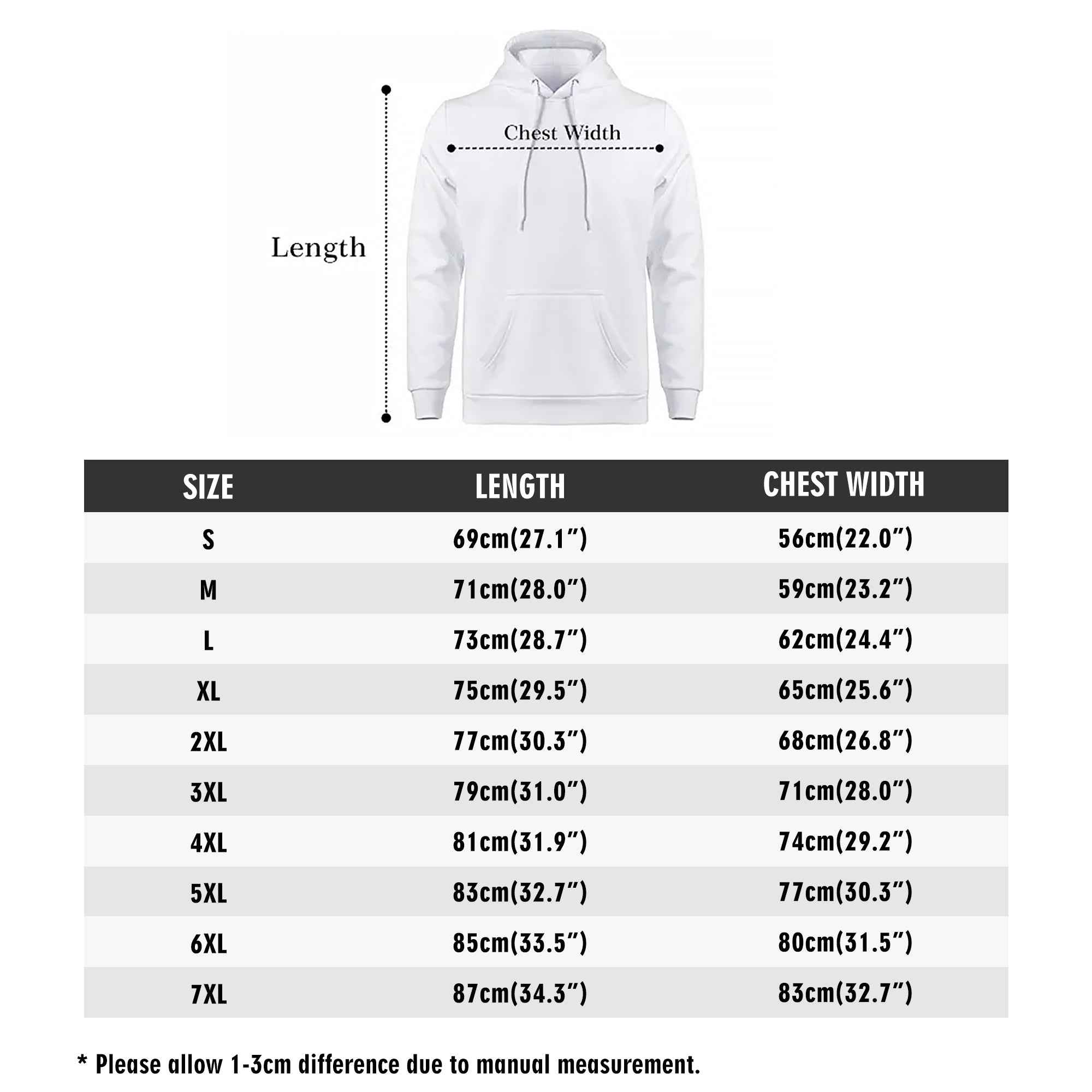 Size chart for Men's Print Hoodie with chest width and length measurements from S to 7XL. Helps ensure perfect fit for all sizes.