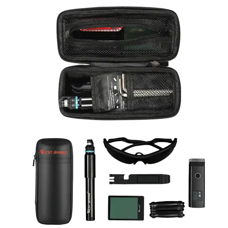 Bike Tools Storage Box by WEST BIKING with cycling accessories including pump, glasses, and multitool. Compact and organized for easy transport.