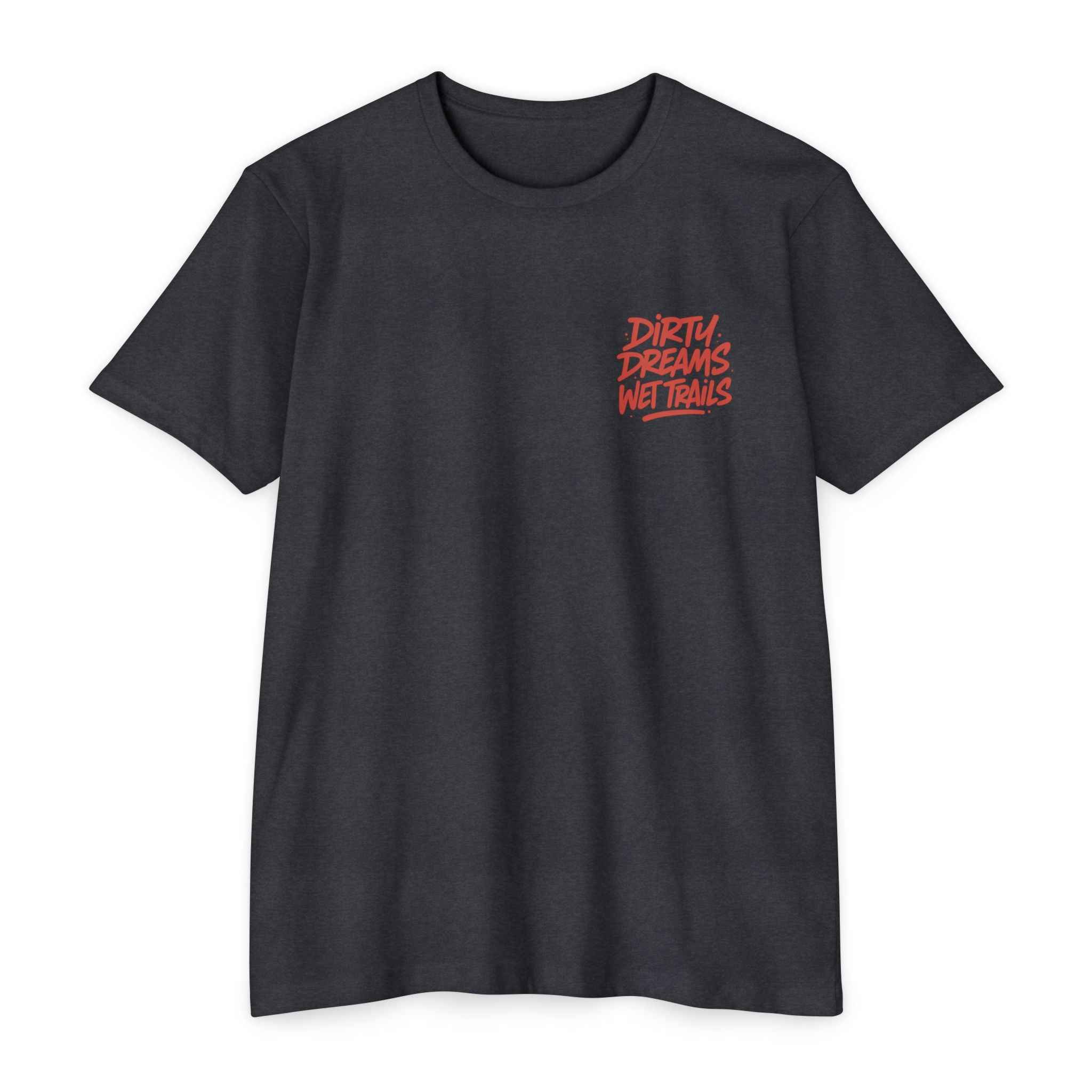 Charcoal Dirty Dreams MTB T-Shirt with red chest text, designed for trail riders. Breathable and stylish for mountain biking adventures.
