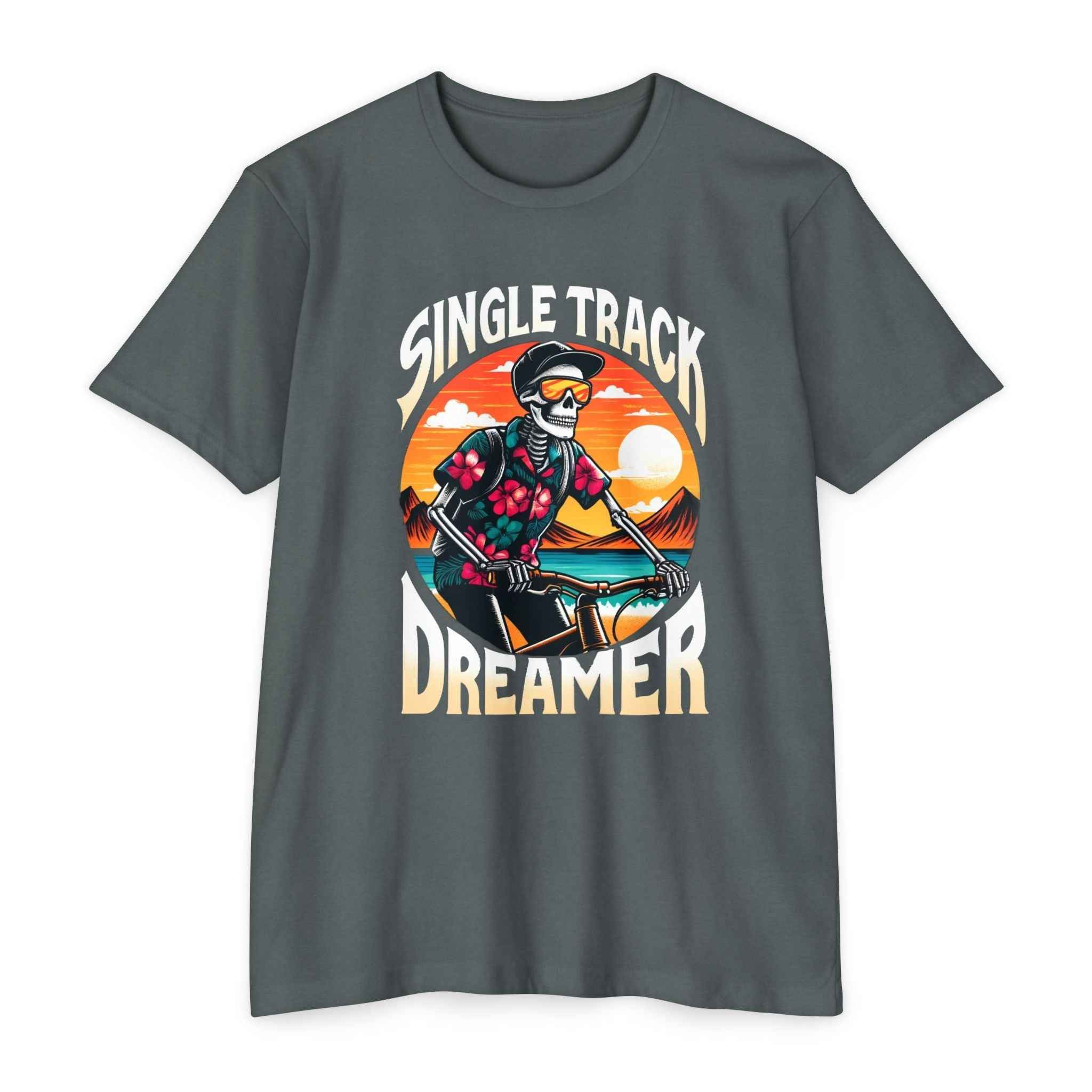 Dark gray graphic tee for men with 'Single Track Dreamer' skeleton cyclist design, made from soft, durable 100% cotton for everyday wear.