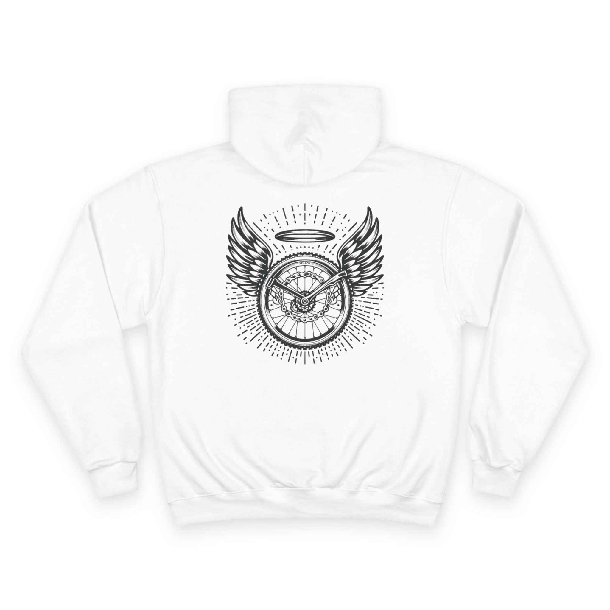 Back view of white Champion Eco Hoodie with intricate winged bike wheel graphic, perfect for trail riders and MTB lifestyle apparel.