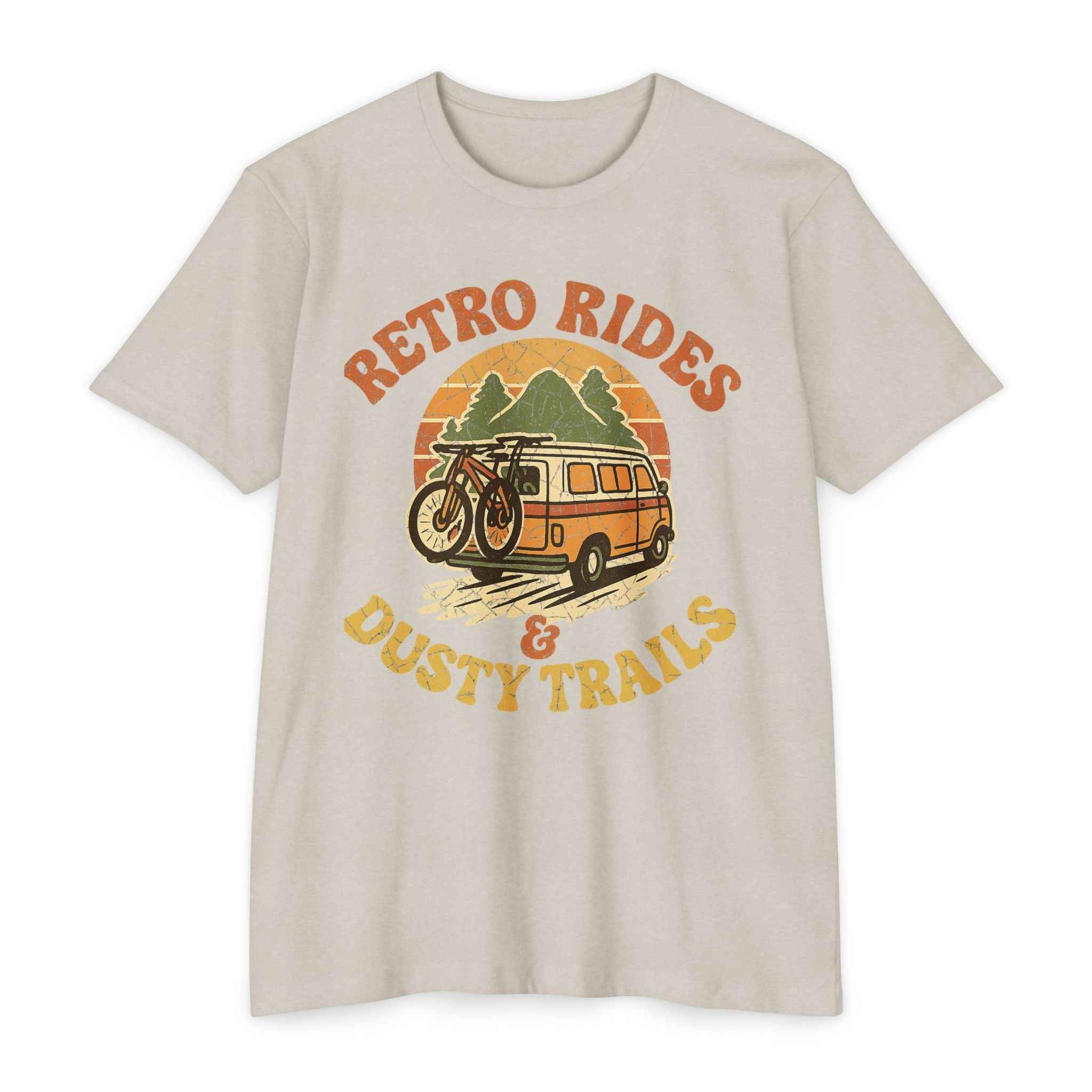 Women's retro MTB graphic t-shirt in beige with 'Retro Rides & Dusty Trails' print featuring a van and mountain bike. Ideal for outdoor adventure lovers.
