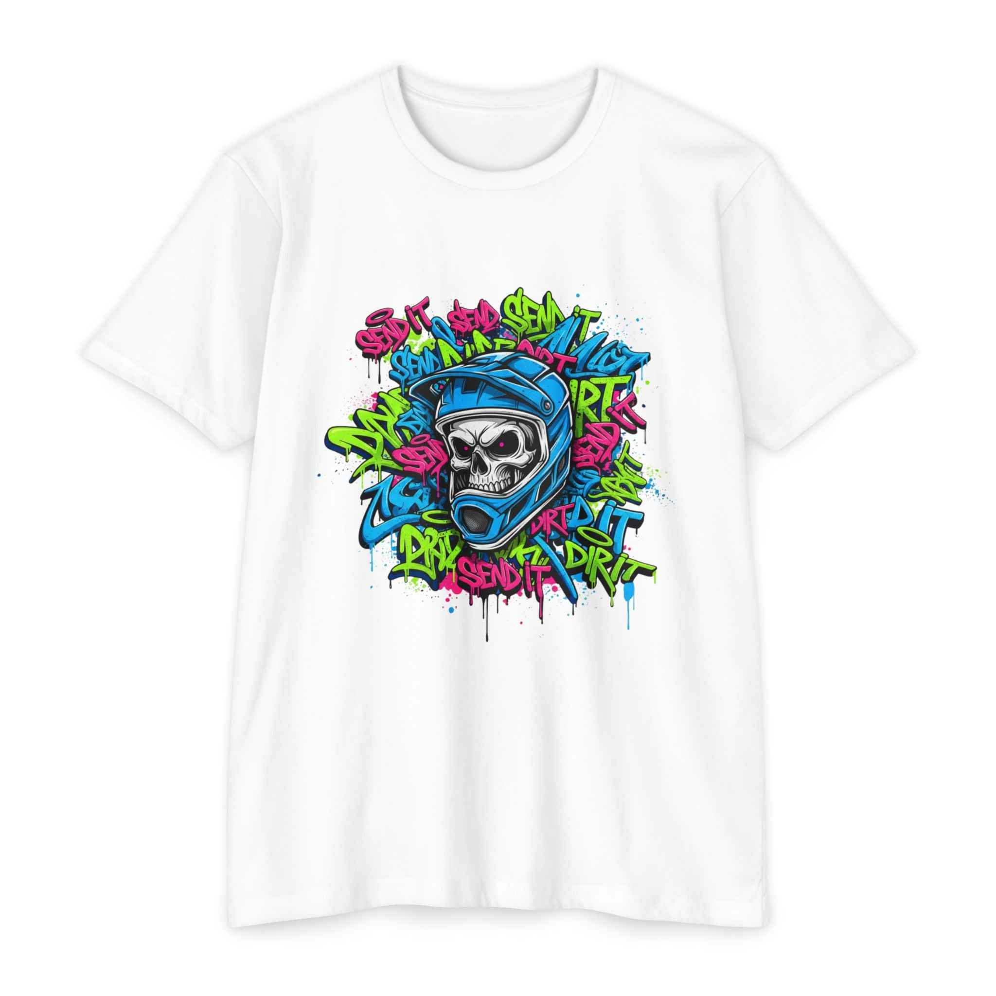 Men's Graffiti Skull T-Shirt in white showcasing colorful skull in moto helmet with graffiti-style text, ideal for skater and BMX streetwear.