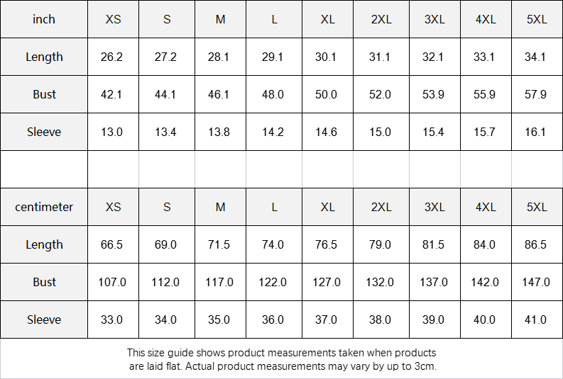 Size chart for clothing measurements in inches and centimeters