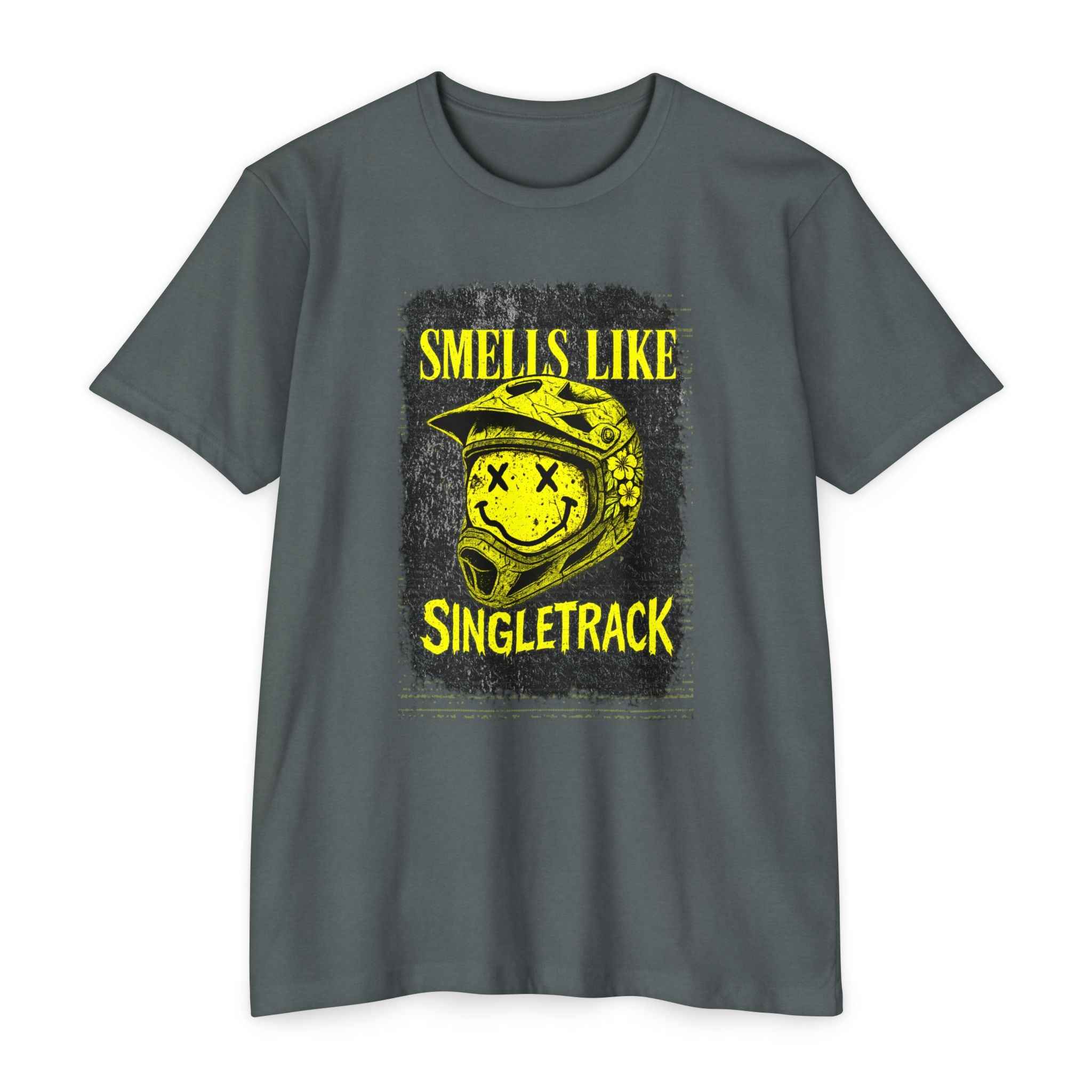 Charcoal gray Singletrack Mountain Biker T-Shirt with yellow graphic of a helmeted smiley face. Ideal for riders and casual activewear.