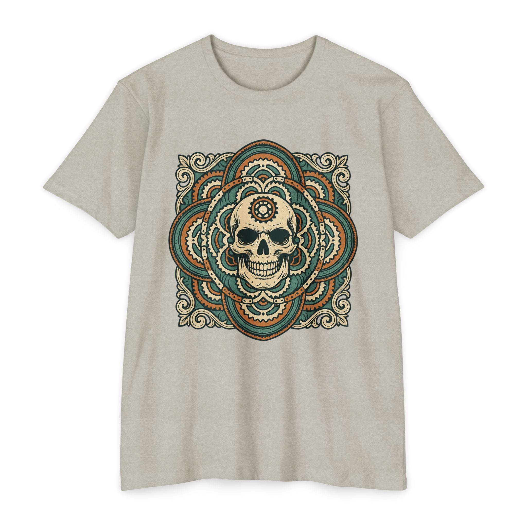Mandala Skull Bike Style Shirt in light gray with intricate skull and mandala design, perfect for mountain bike culture and alternative fashion lovers.