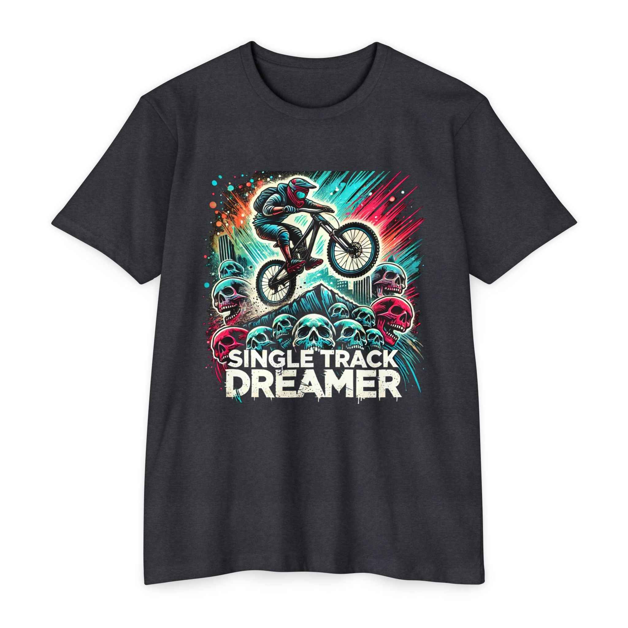 Charcoal mountain biking t-shirt for men featuring a vibrant graphic of a rider jumping over neon skulls with 'Single Track Dreamer' text.