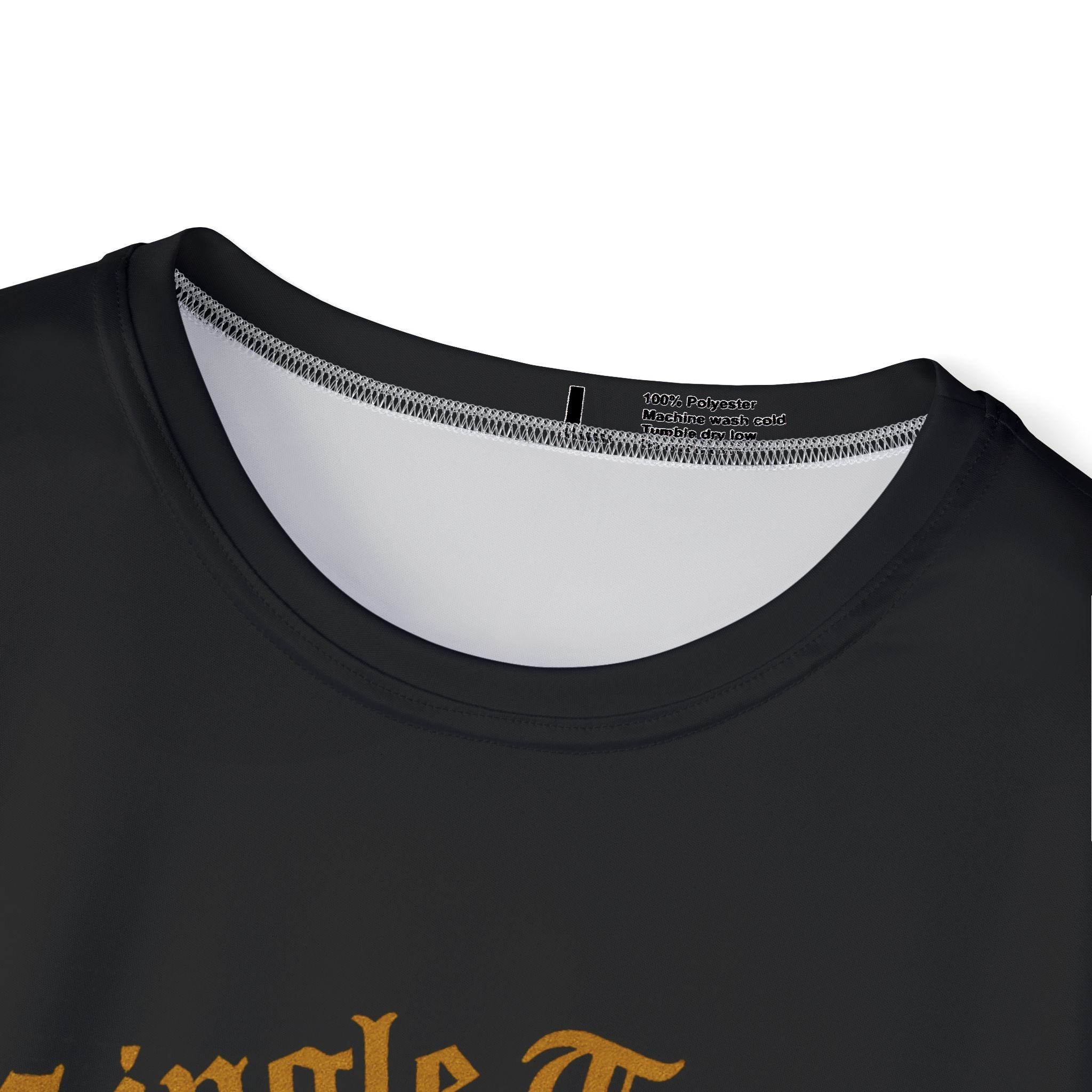 Black t-shirt with gold text on a white background