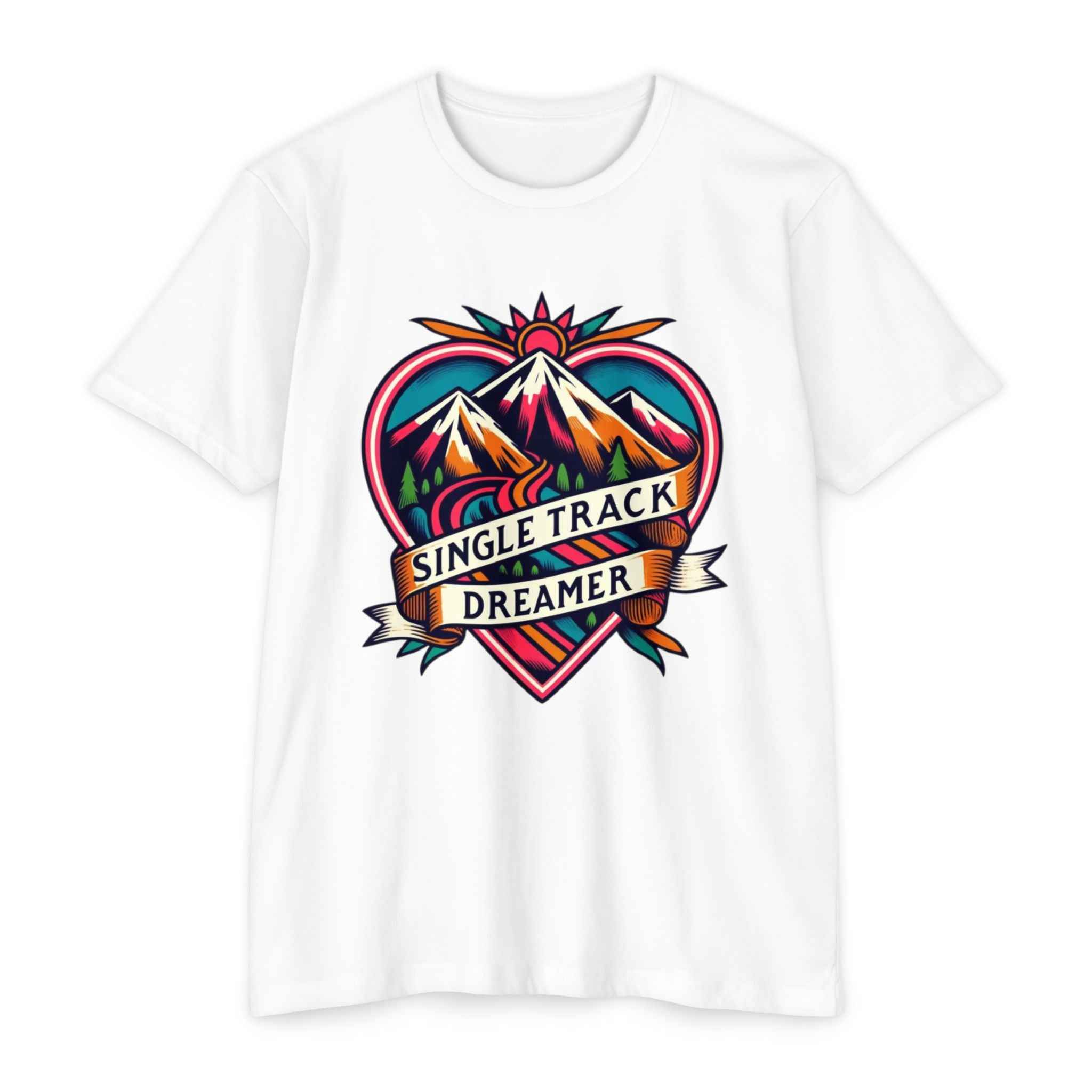 White Customizable Men's T-shirt with vibrant 'Single Track Dreamer' mountain print. Soft, durable cotton ideal for daily wear.
