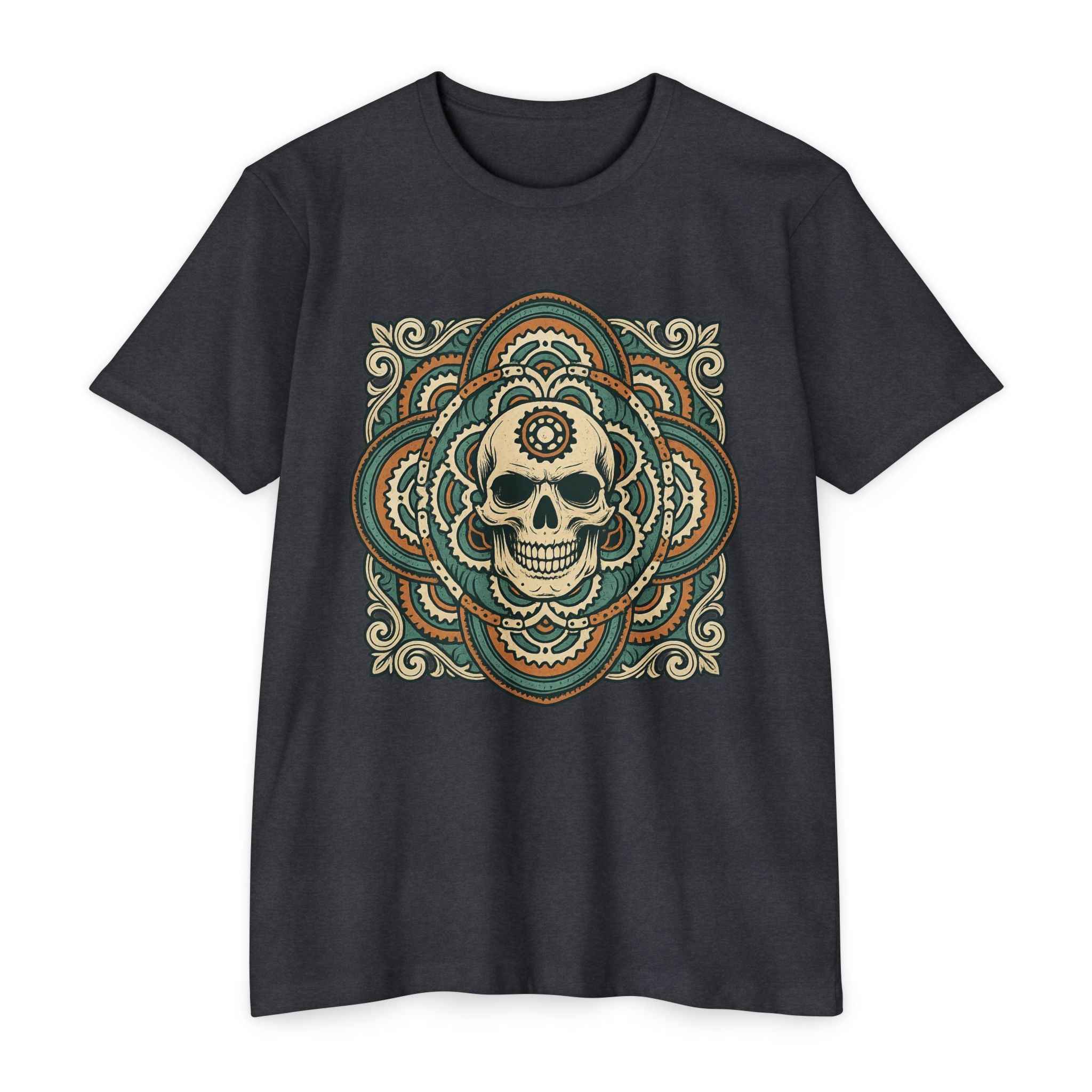 Mandala Skull Bike Style Shirt in dark heather gray featuring symbolic skull art, a bold choice for gothic-inspired and outdoor adventure apparel.