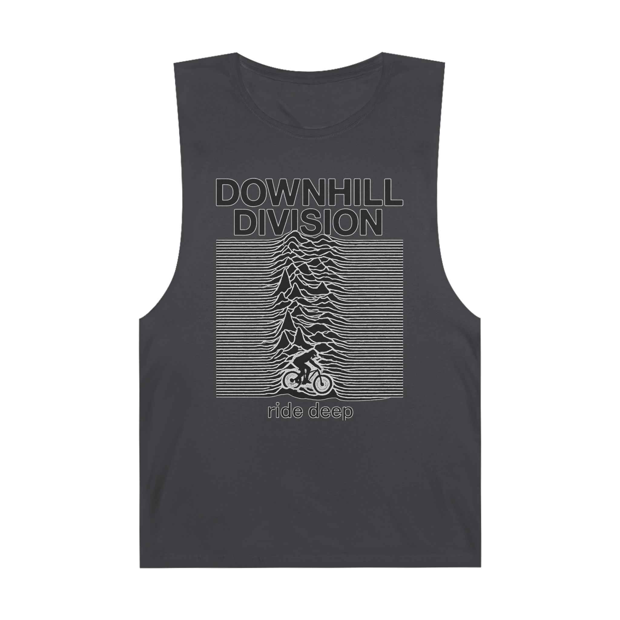 Unisex Tank Top - Downhill Division Graphic Tee featuring a mountain biker silhouette and contour line design, ideal for summer or gym wear.