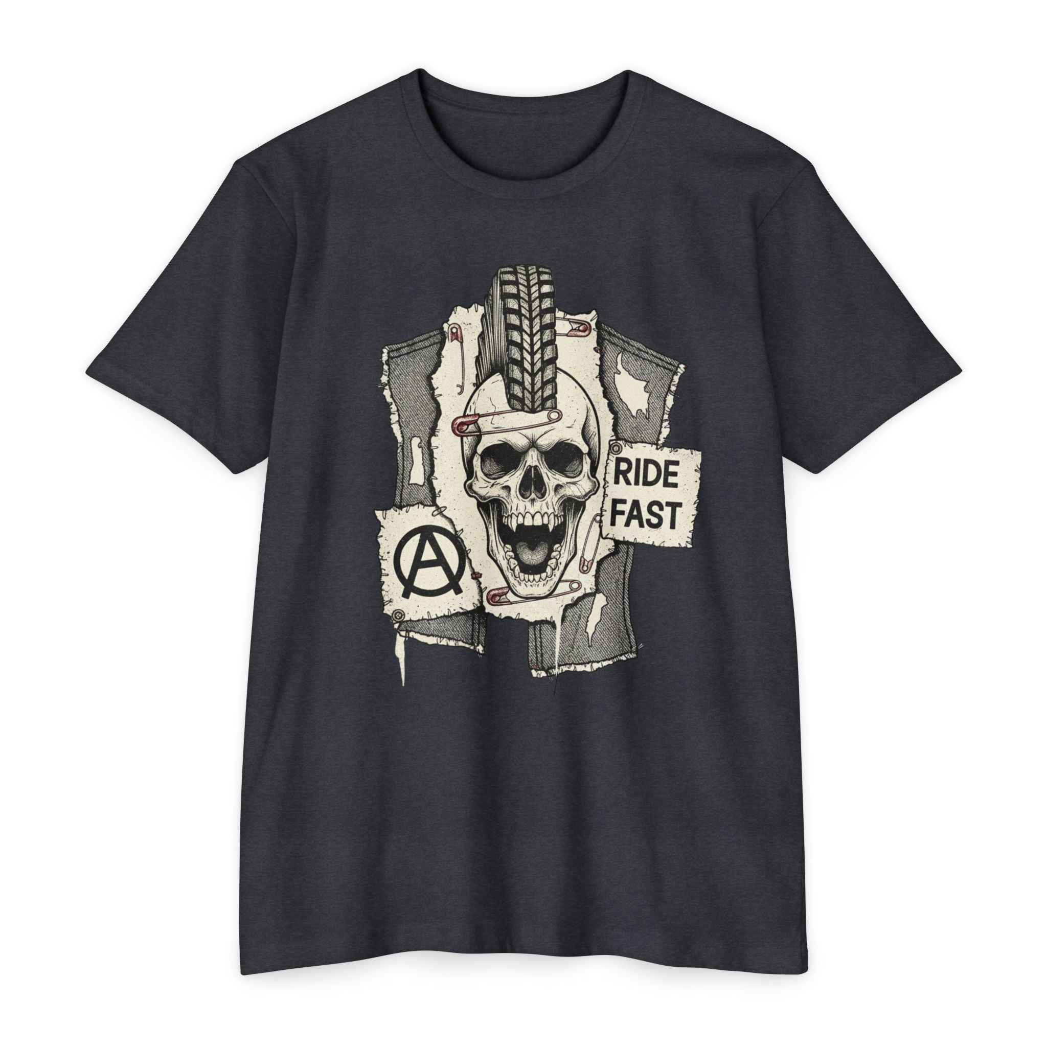 Charcoal Skull Moto Punk MTB T-Shirt with edgy skull and tire mohawk artwork, ideal for downhill MTB and punk streetwear fans.