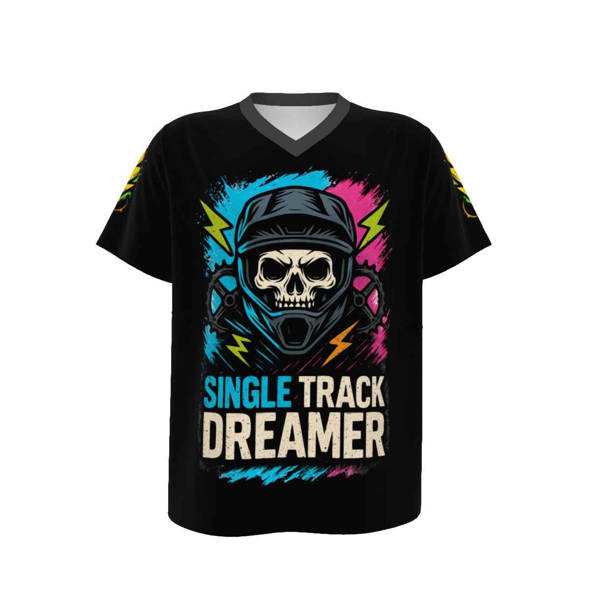 Black t-shirt with a skull wearing a helmet and colorful text 'Single Track Dreamer' on a white background
