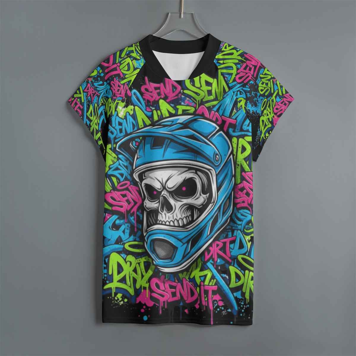 Men's MTB Jersey with graffiti design featuring a skull in a helmet, vibrant neon colors, and breathable V-neck for cycling performance.