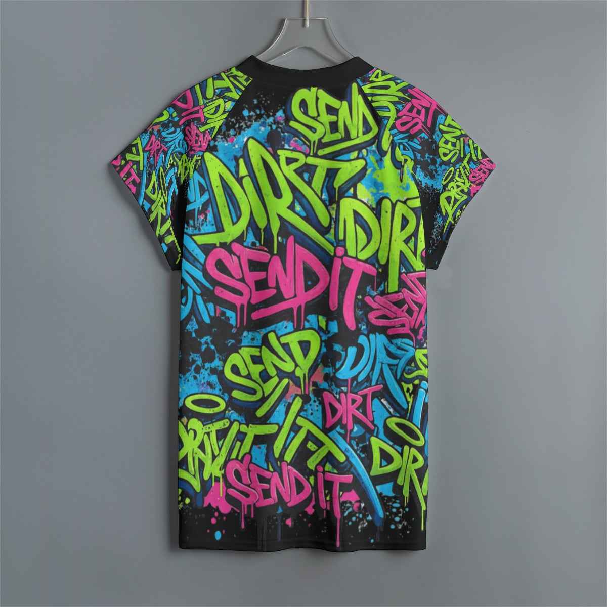 Back view of Men's Graffiti MTB Jersey with bold 'SEND IT' and 'DIRT' text in neon colors, ideal for breathable sportswear and biking style.