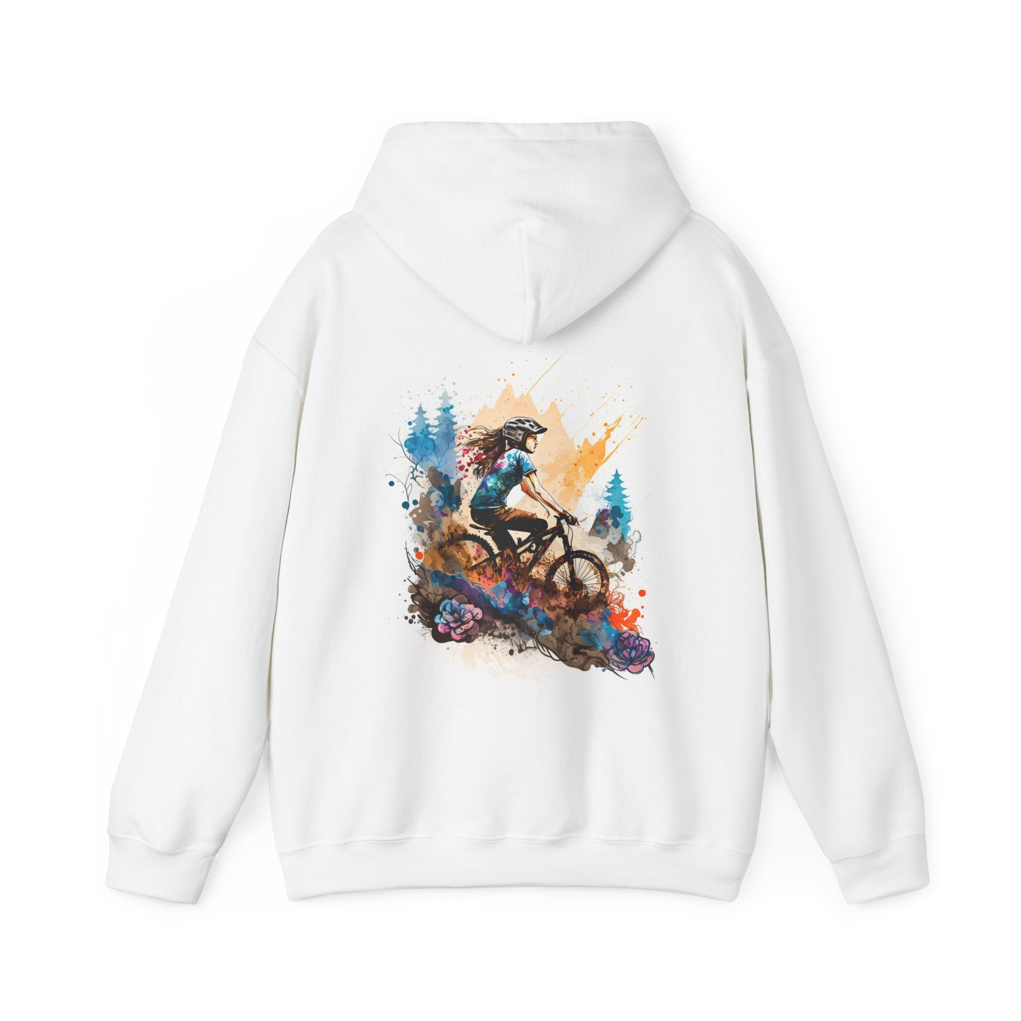 Back view of women's MTB hoodie featuring vibrant watercolor artwork of a female mountain biker riding through a colorful forest trail.