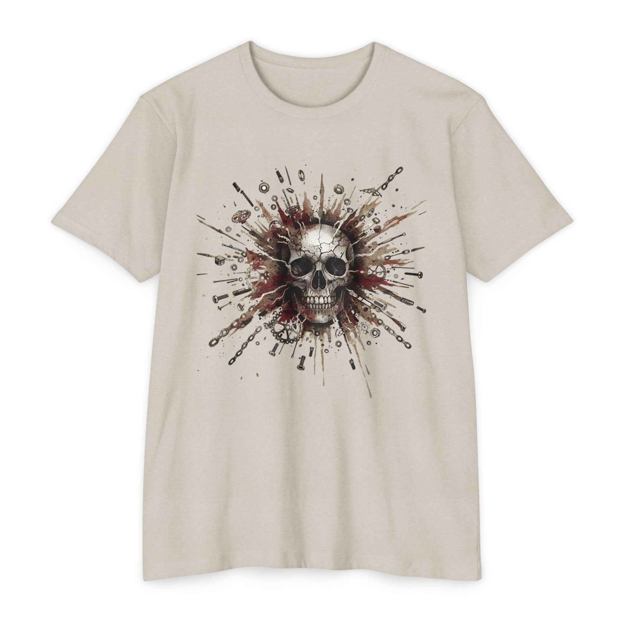 MTB Skull Chain T-Shirt in light beige with exploding skull and bike chain graphic, perfect for mountain bikers and edgy trail style fashion.